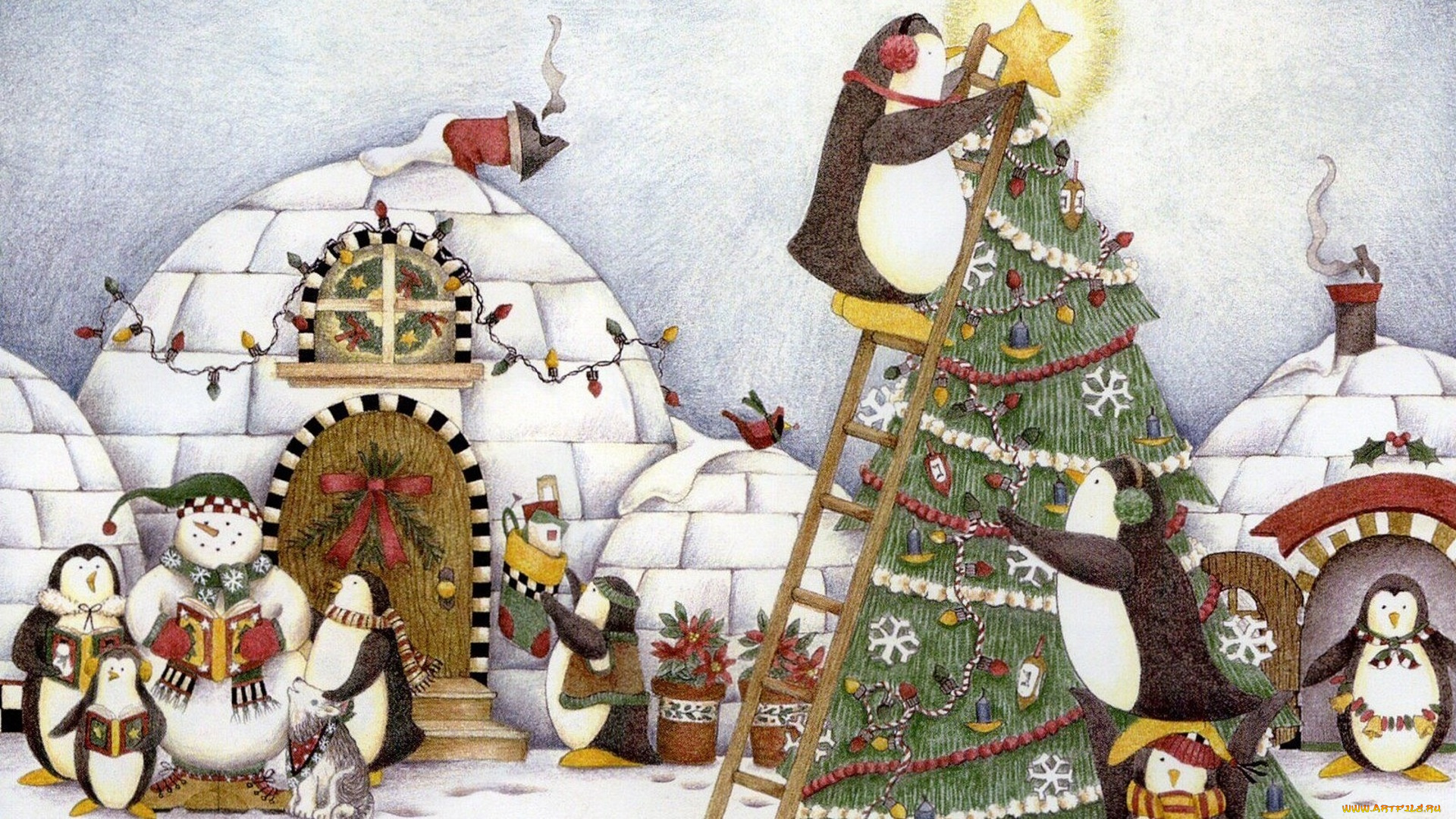 праздничные, рисованные, гирлянды, снеговик, пингвины, иглу, ёлка, лестница