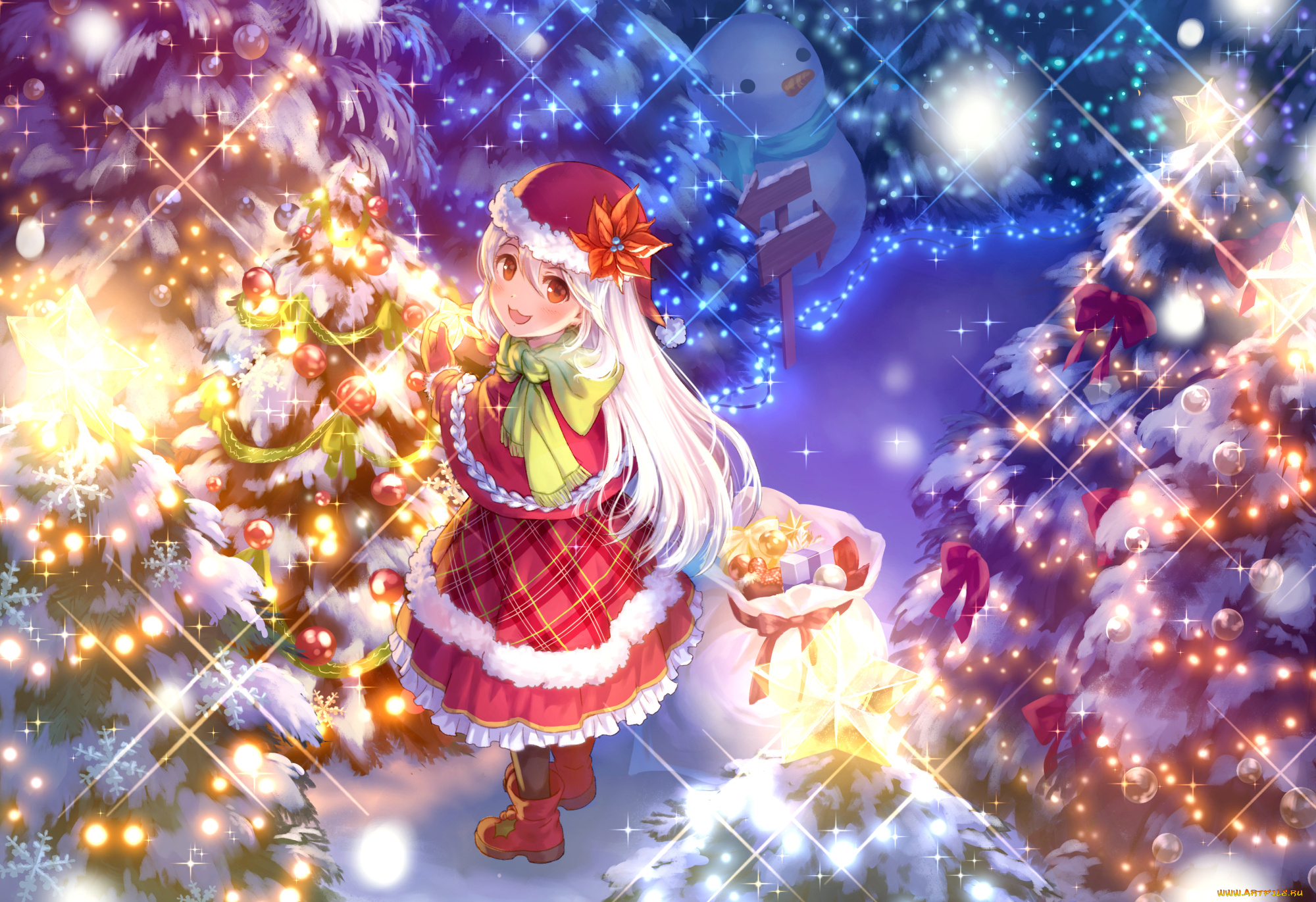 аниме, зима, , новый, год, , рождество, ёлки, maruyama-jp, девочка, новый, год