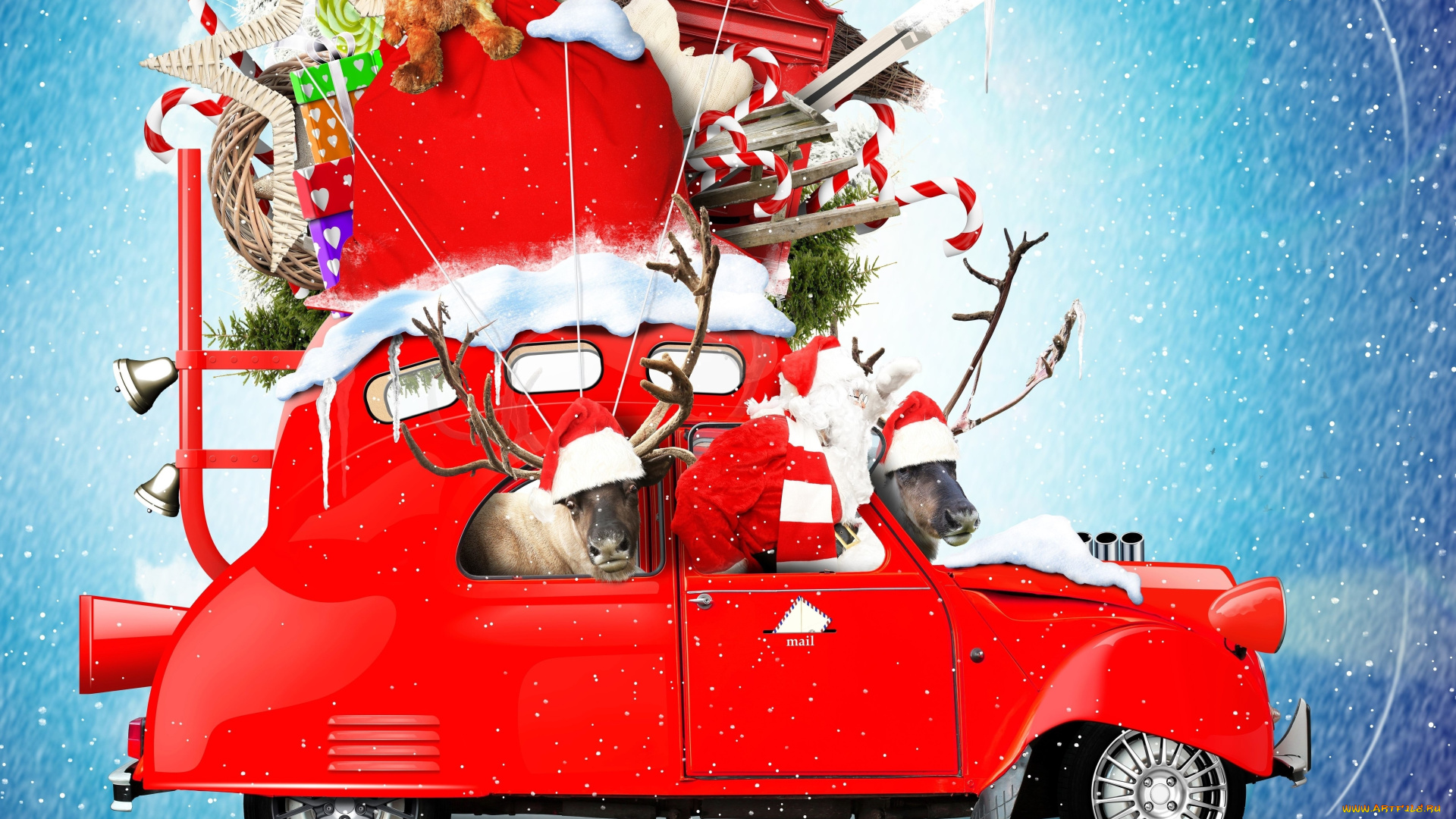 праздничные, дед, мороз, , санта, клаус, автомобиль, новый, год, санта-клаус, игрушки, снежинки, снег, дед, мороз, подарки, праздник, фон, плюшевые, леденцы, олени, красный, креатив, колокольчики, фотошоп, мешок, рождество