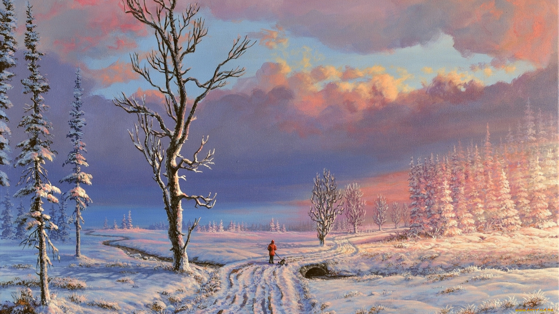 рисованное, живопись, облака, дорога, снег, зима, деревья, речка, человек