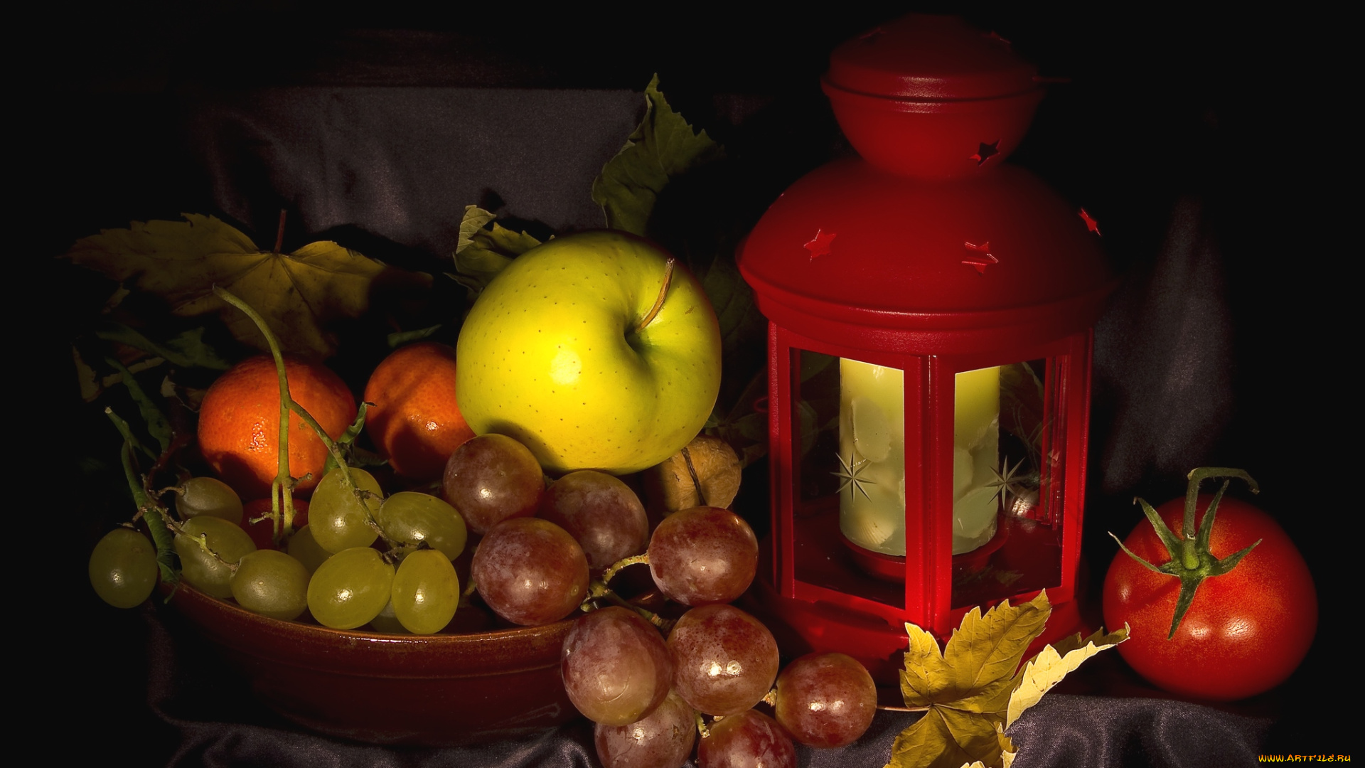 еда, фрукты, и, овощи, вместе, виноград, помидор, яблоко, фонарь
