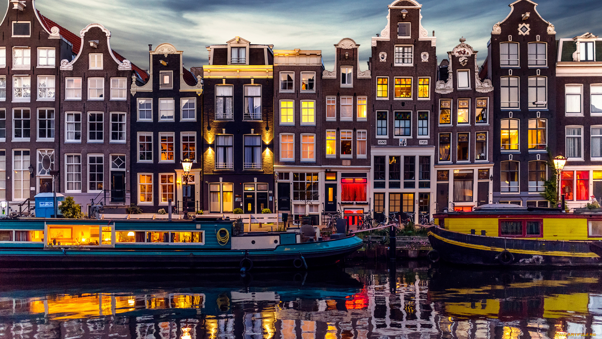 города, амстердам, , нидерланды, канал, огни, дома, вечер, амстердам, город