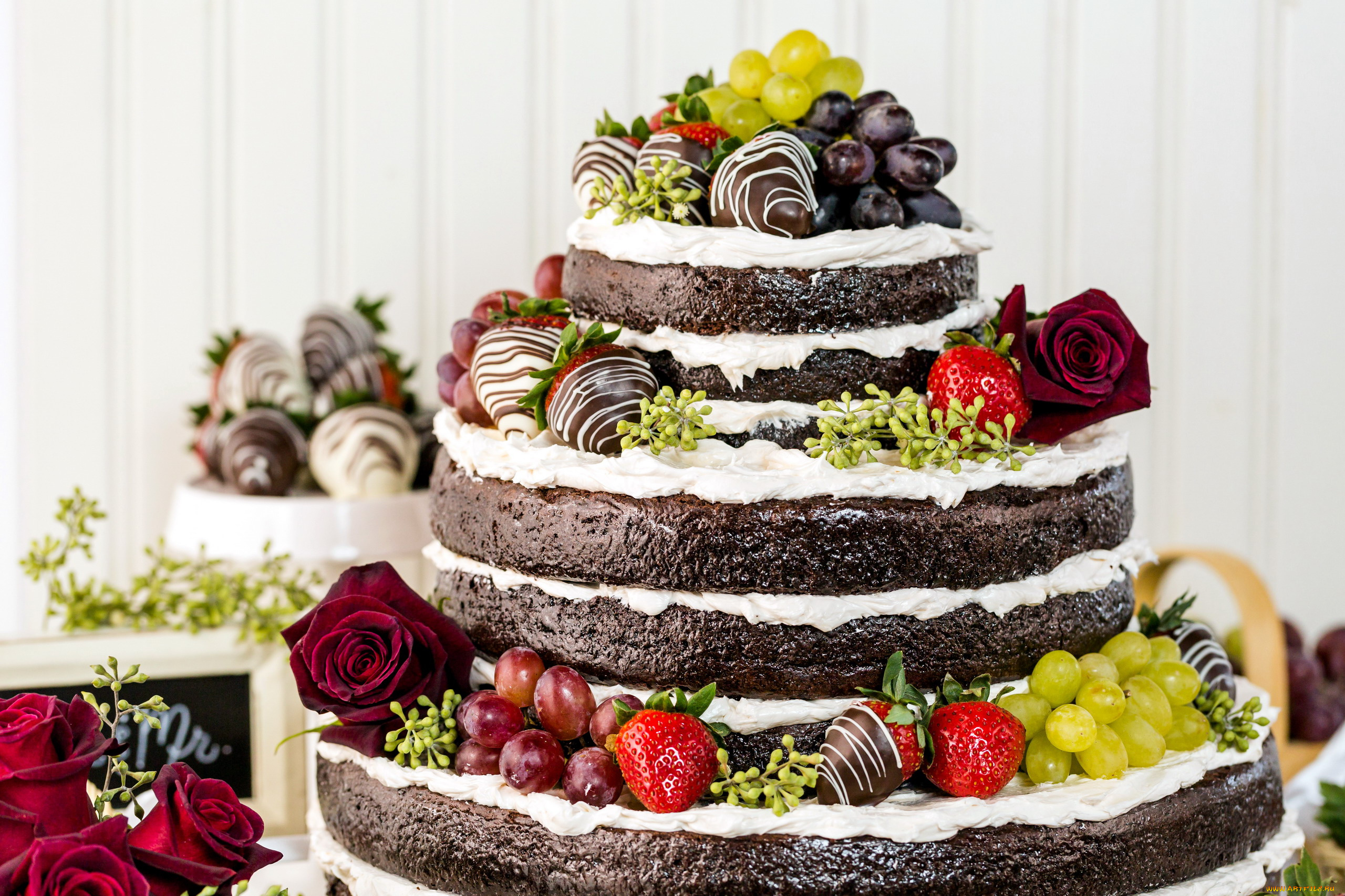 еда, торты, торт, клубника, розы, шоколадный, виноград