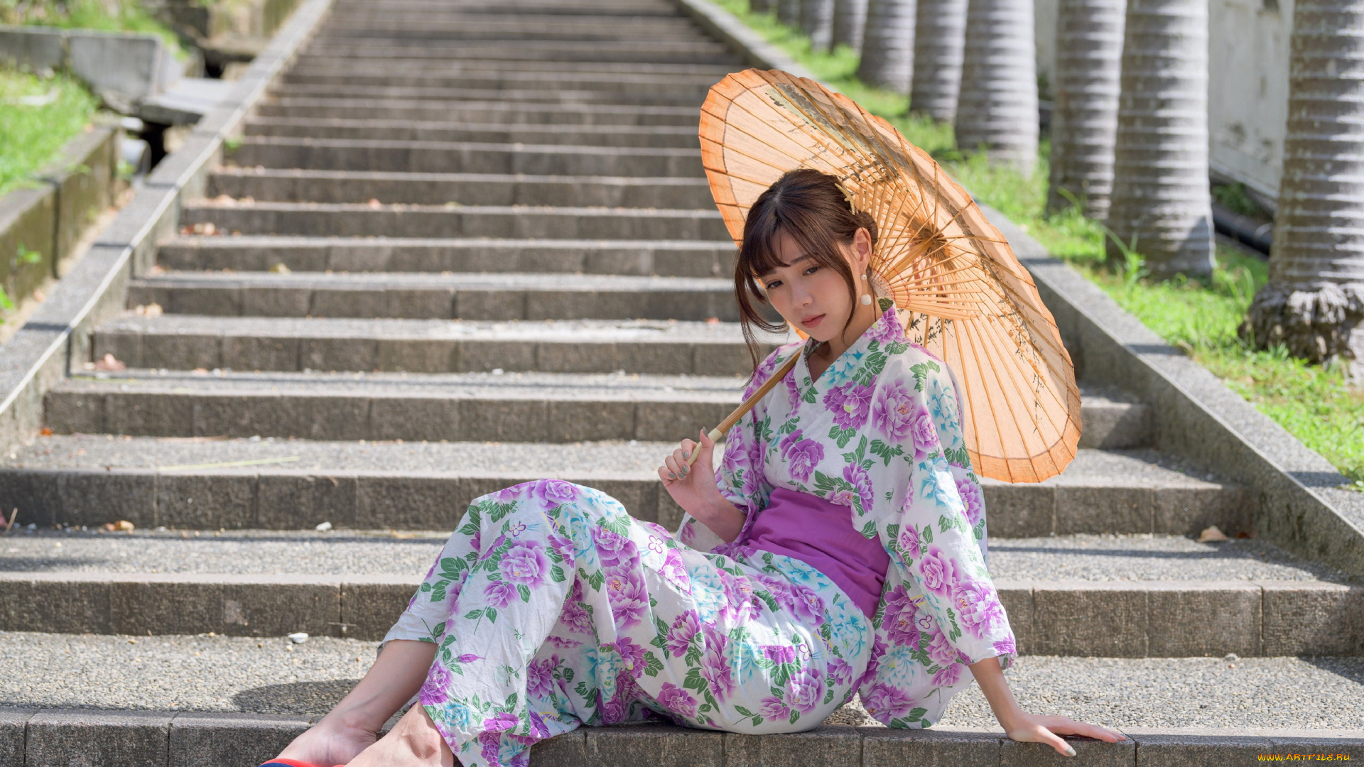 девушки, -, азиатки, лестница, ступени, азиатка, кимоно, зонтик