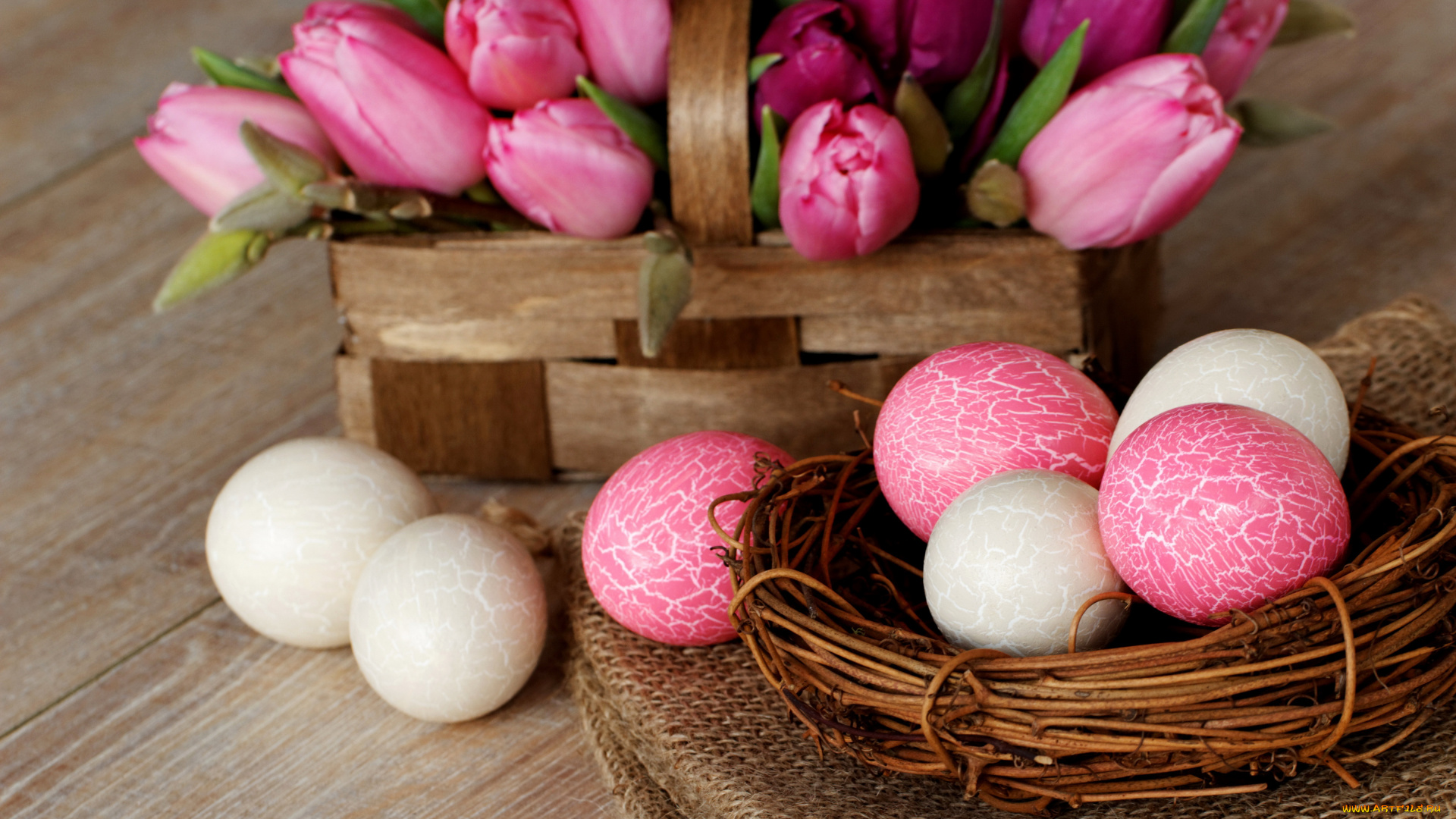 праздничные, пасха, easter, гнездо, яйца, пасхальные, розовые, белые, цветы, корзина, тюльпаны, праздник, весна