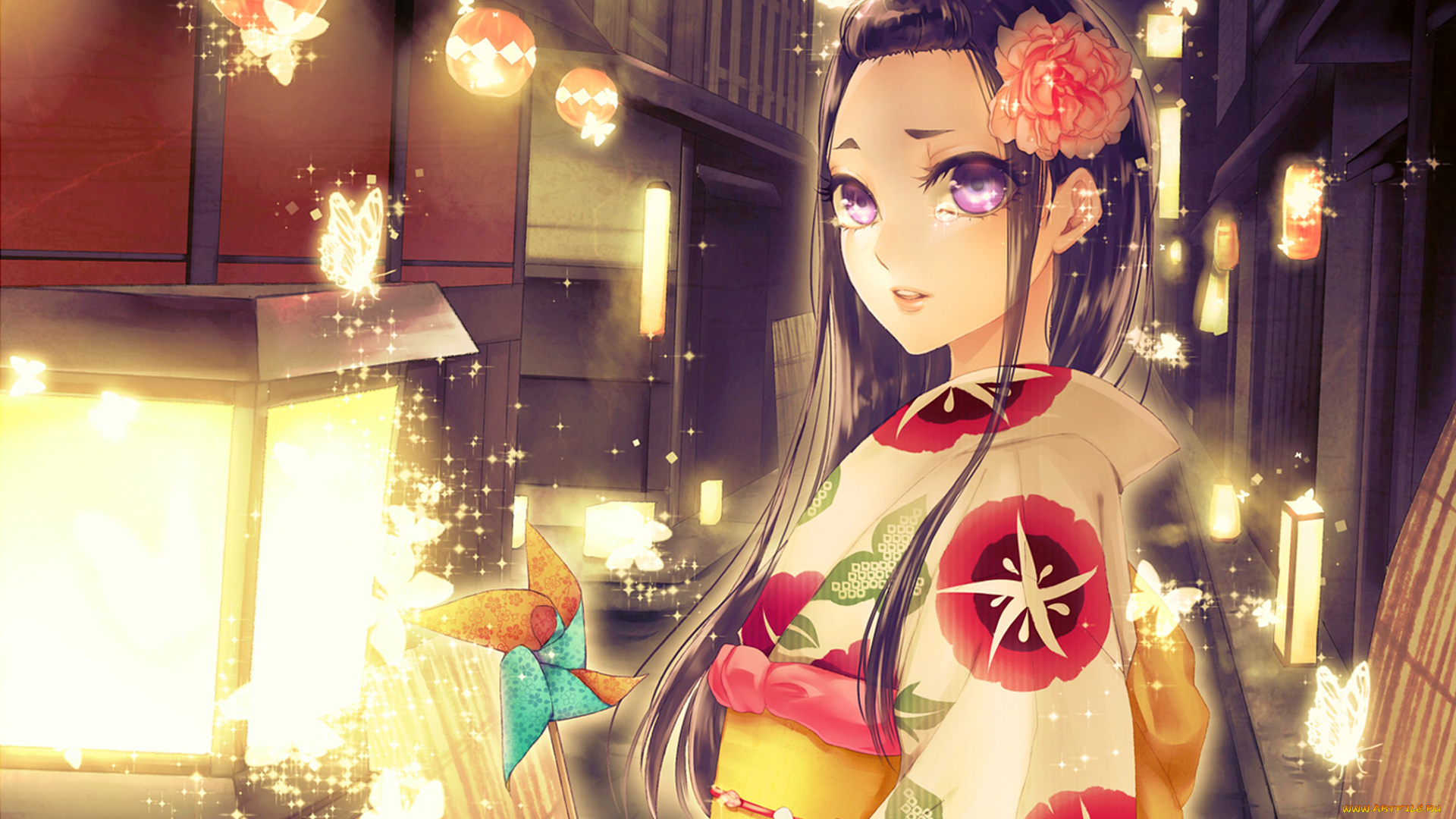 аниме, unknown, , другое, бабочки, цветок, фонари, кимоно, девушка, взгляд