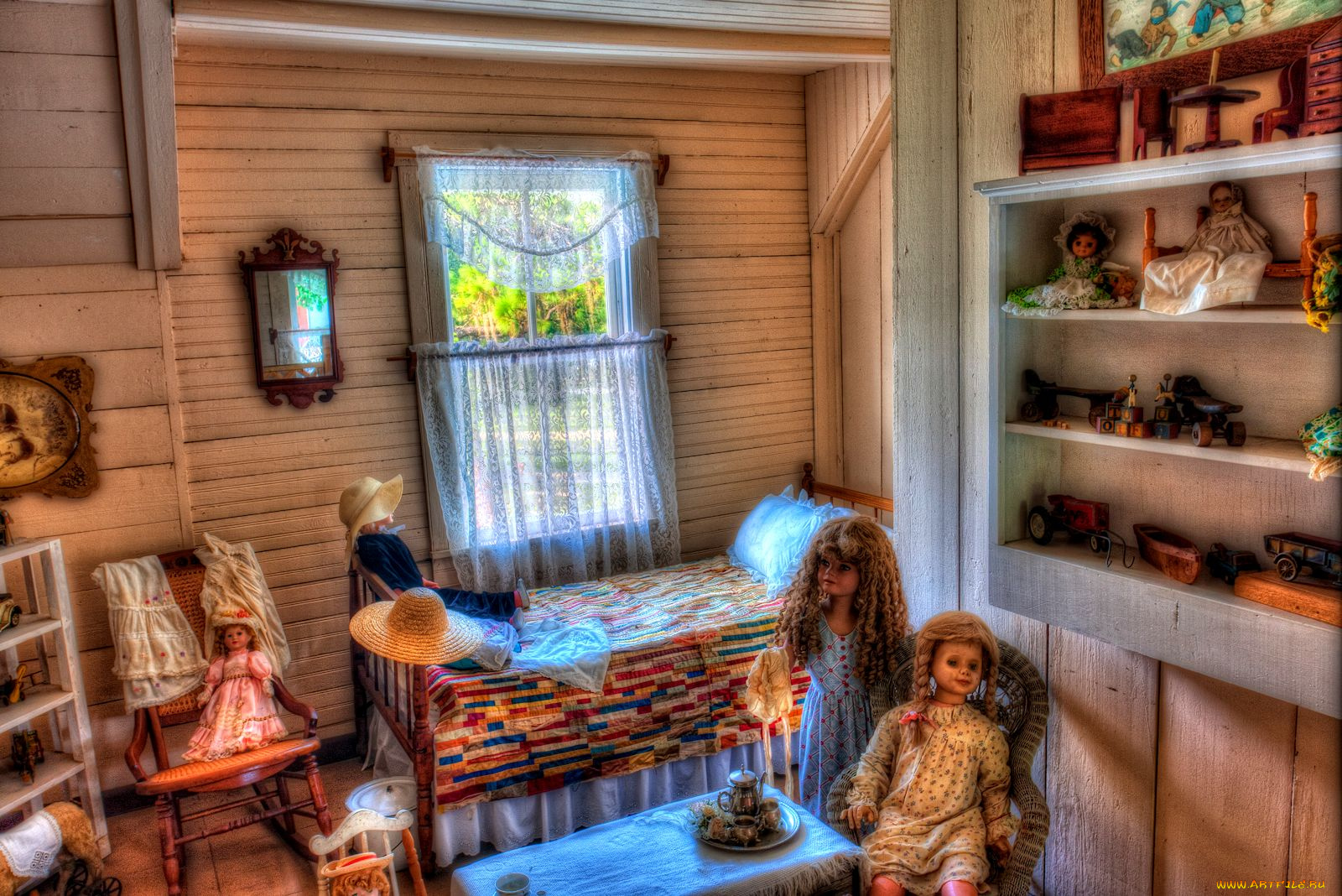 интерьер, детская, комната, игрушки, куклы, кровать, окно