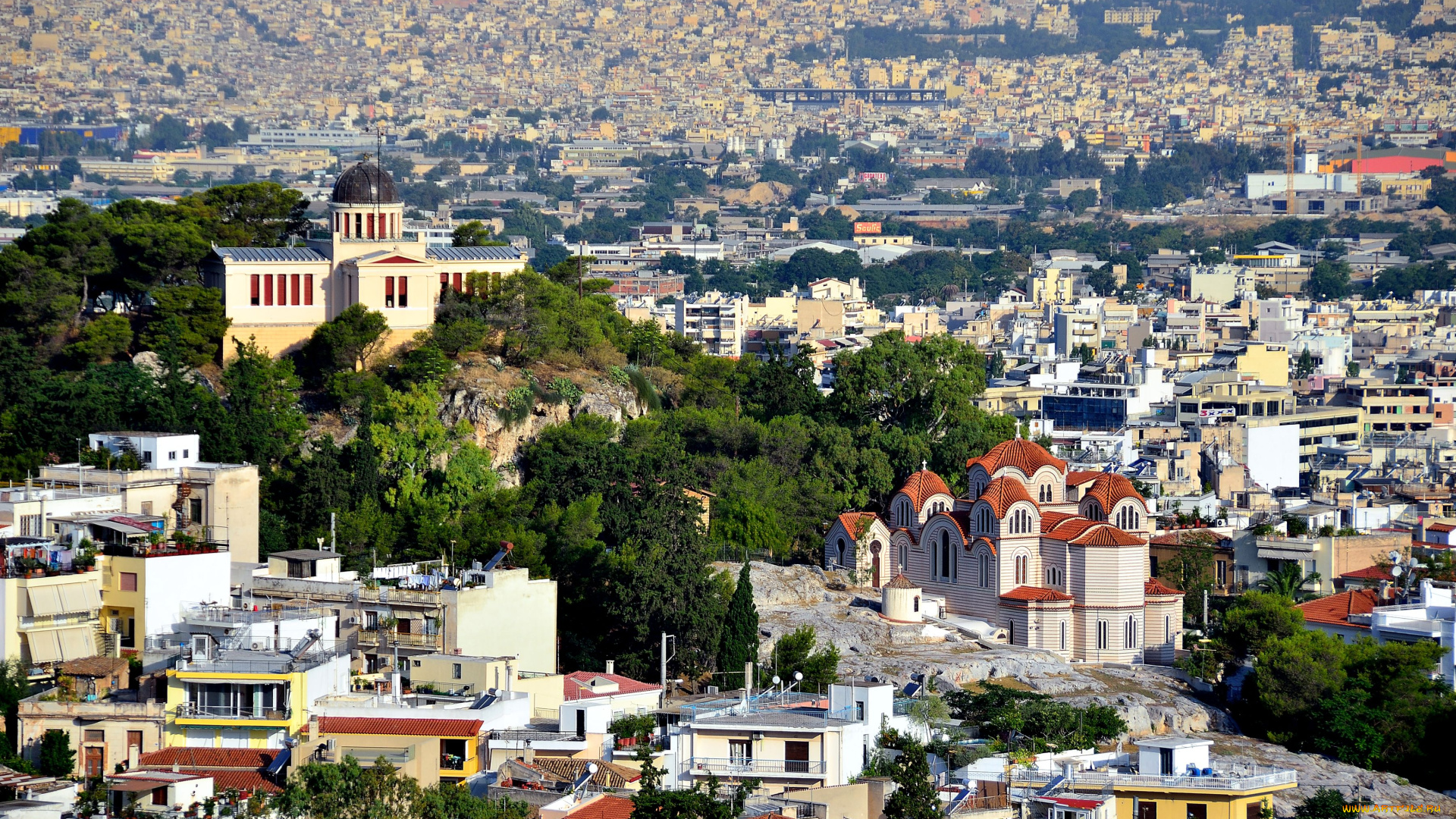 города, афины, греция, крыши, дома, панорама, церковь