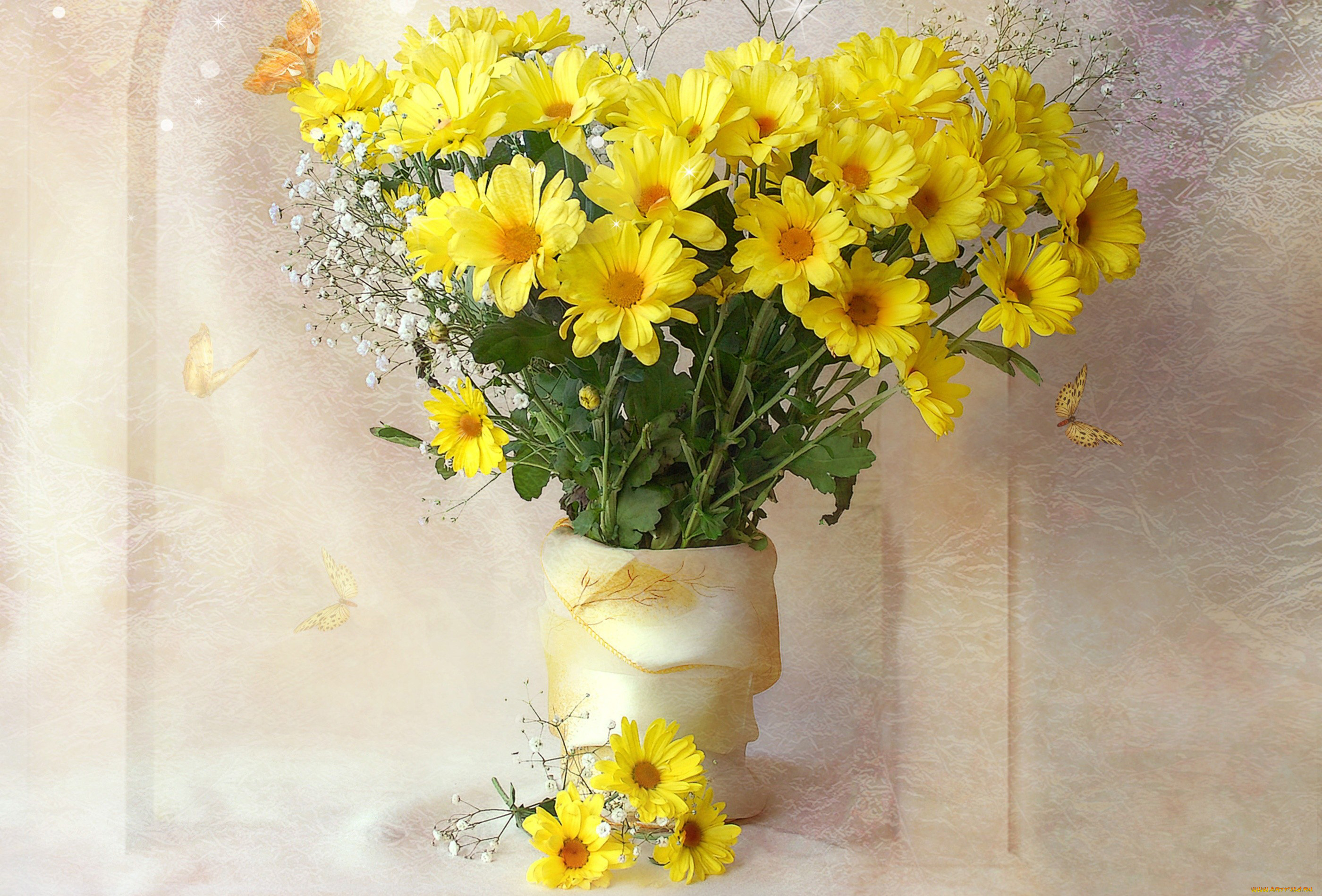 цветы, хризантемы, гипсофила, маргаритки, желтый, ваза