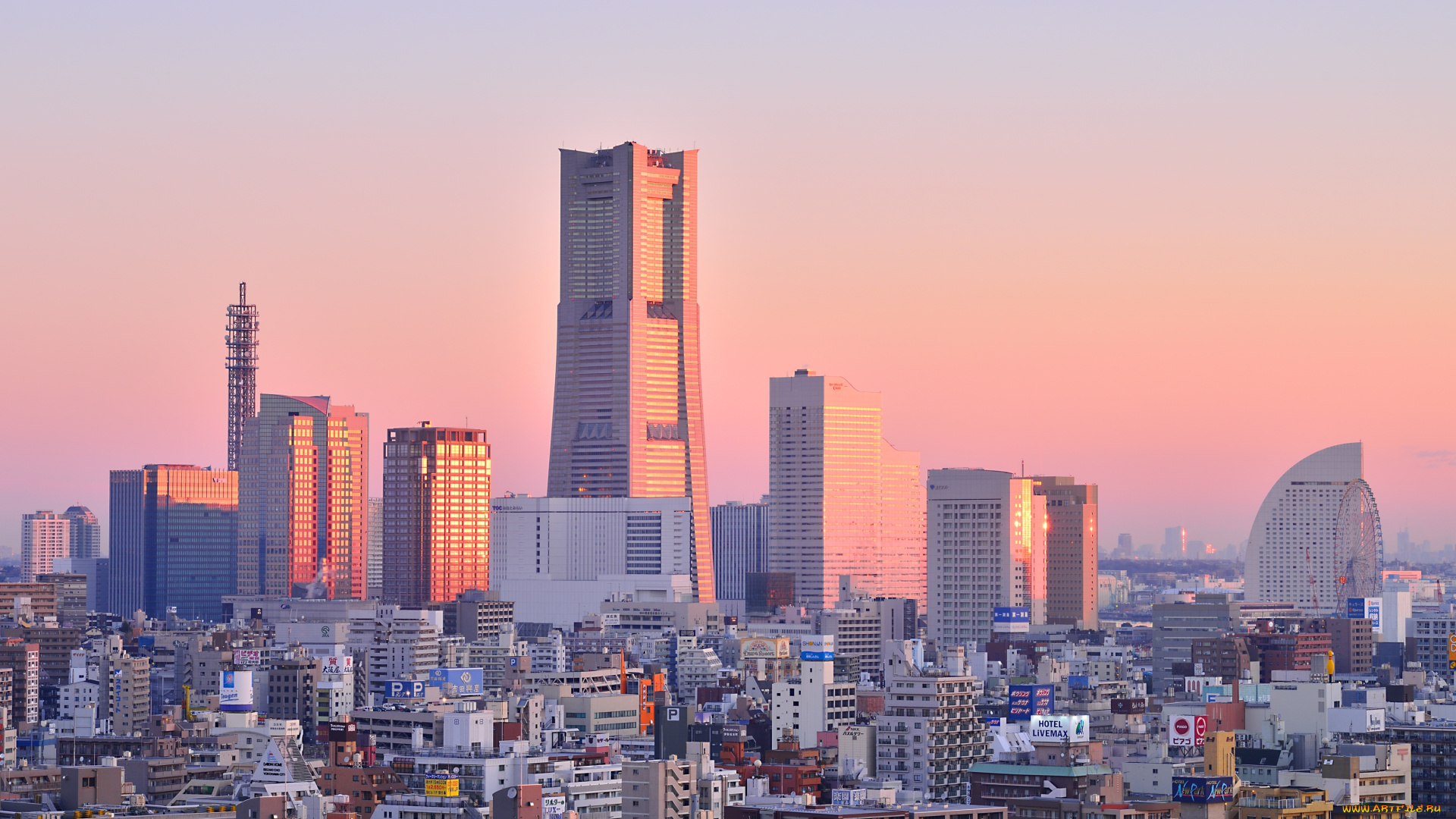 города, йокогама, Япония, небоскреб, рассвет, панорама