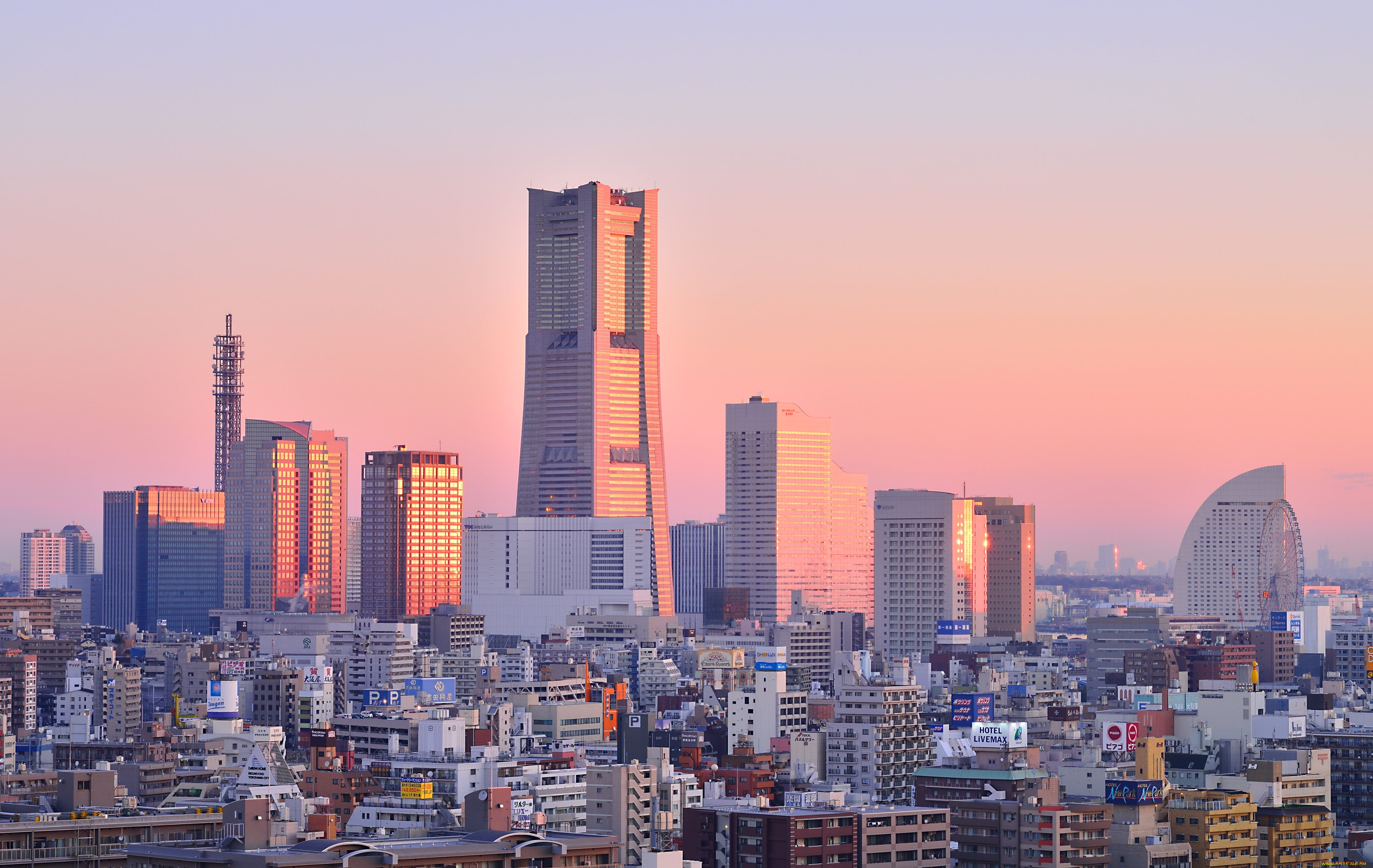 города, йокогама, Япония, небоскреб, рассвет, панорама