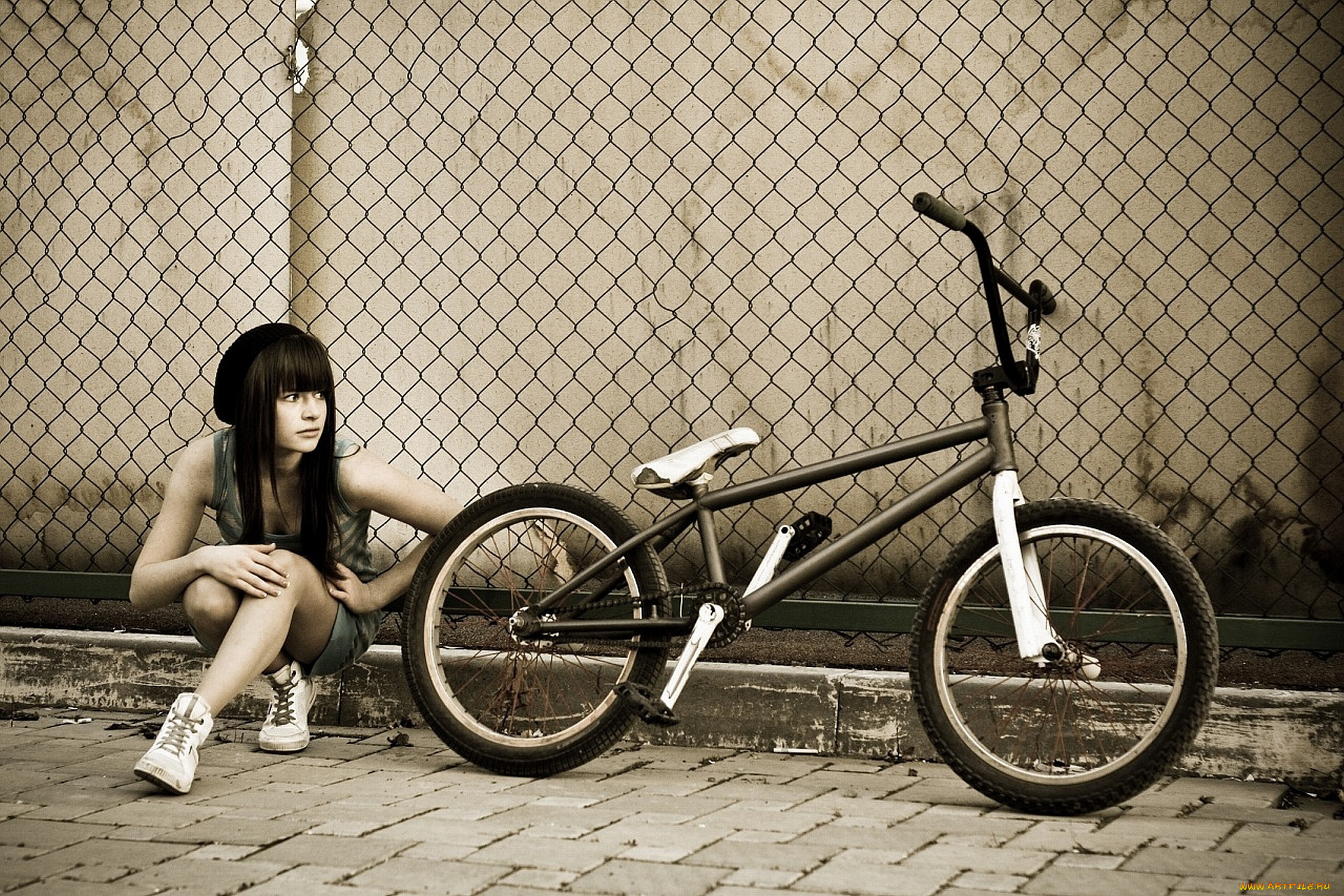 девушка, с, велосипедом, техника, велосипеды, забор, велик, девушка, сетка