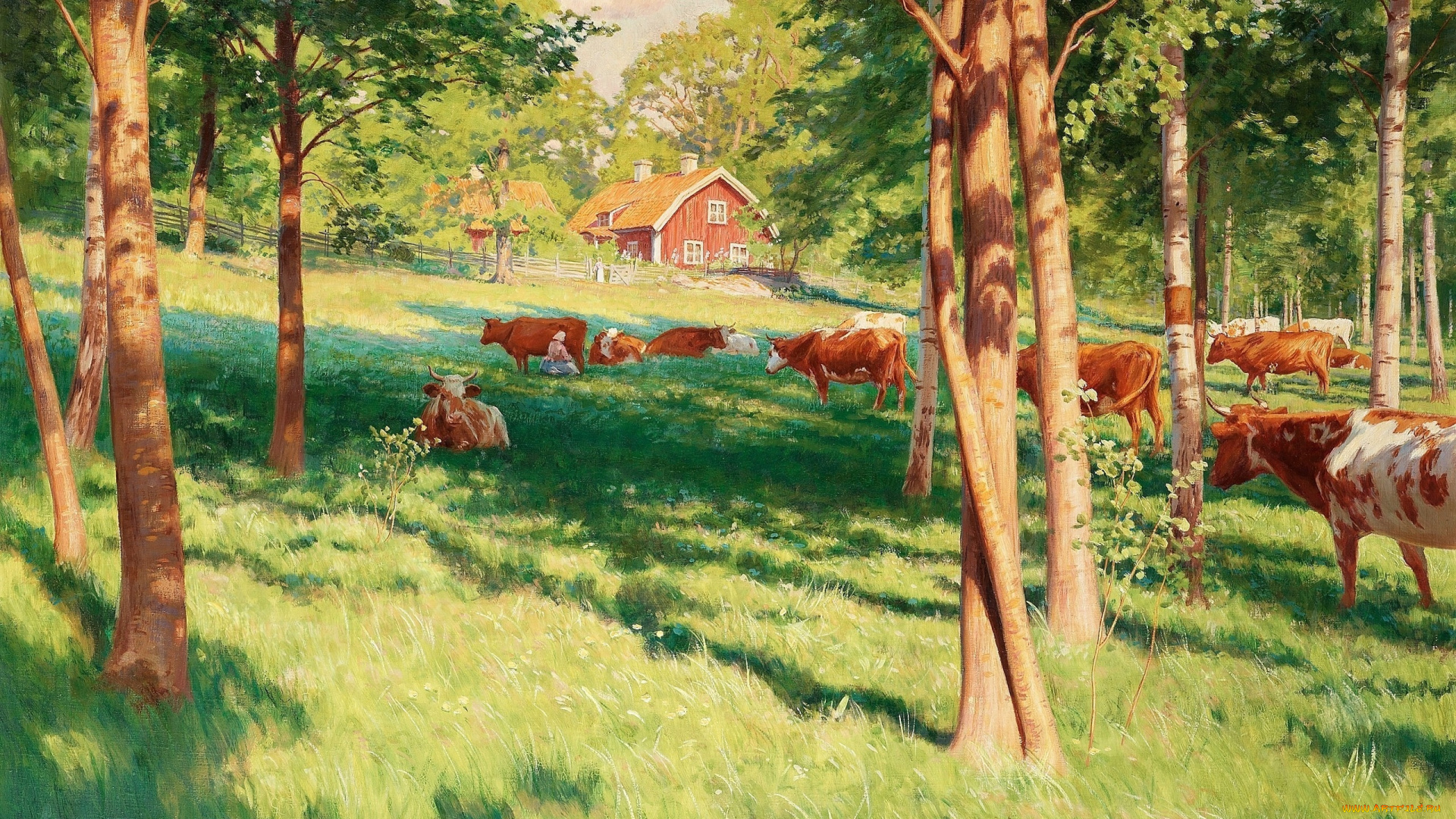 рисованное, животные, , коровы, картина, ферма, живопись