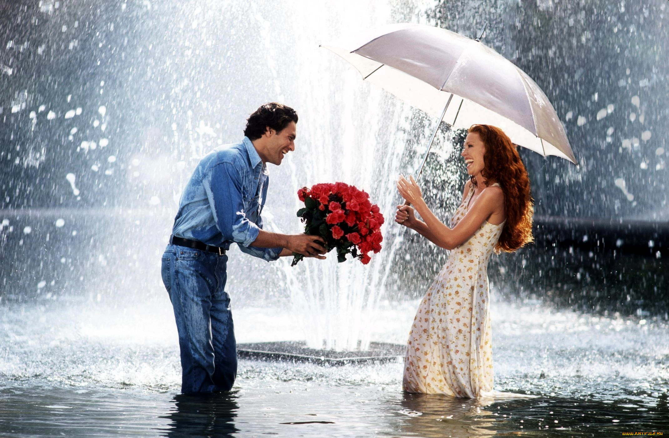 разное, мужчина, женщина, букет, влюбленные, зонтик, фонтан, розы