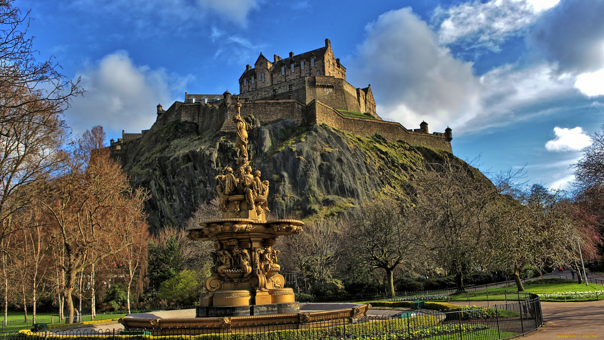 edinburgh, castle, города, эдинбург, , шотландия, фонтан, замок, скала
