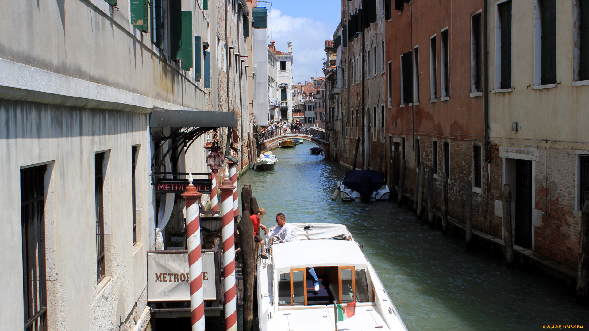города, венеция, , италия, канал, узкий, мостик, лодка