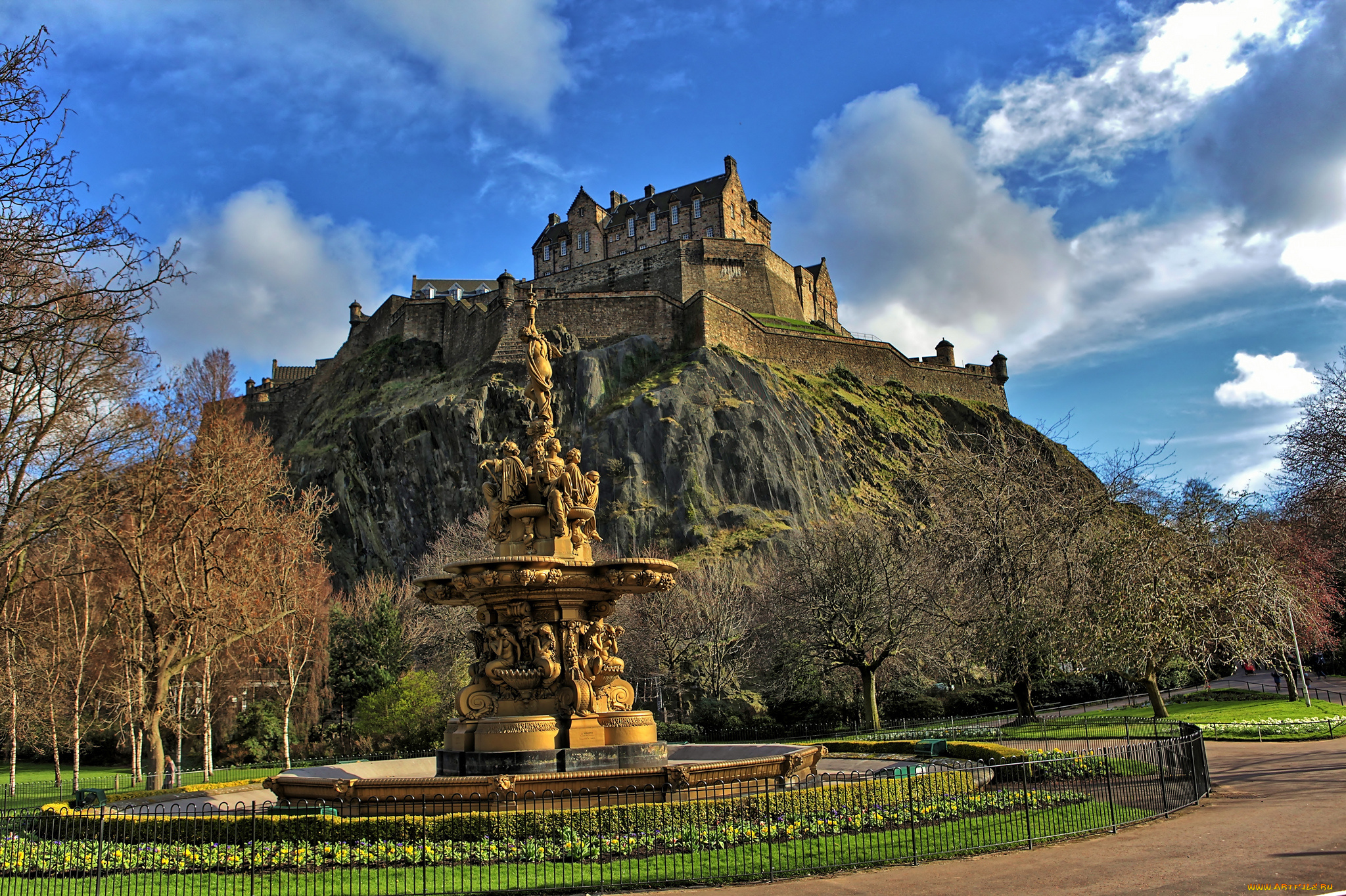edinburgh, castle, города, эдинбург, , шотландия, фонтан, замок, скала