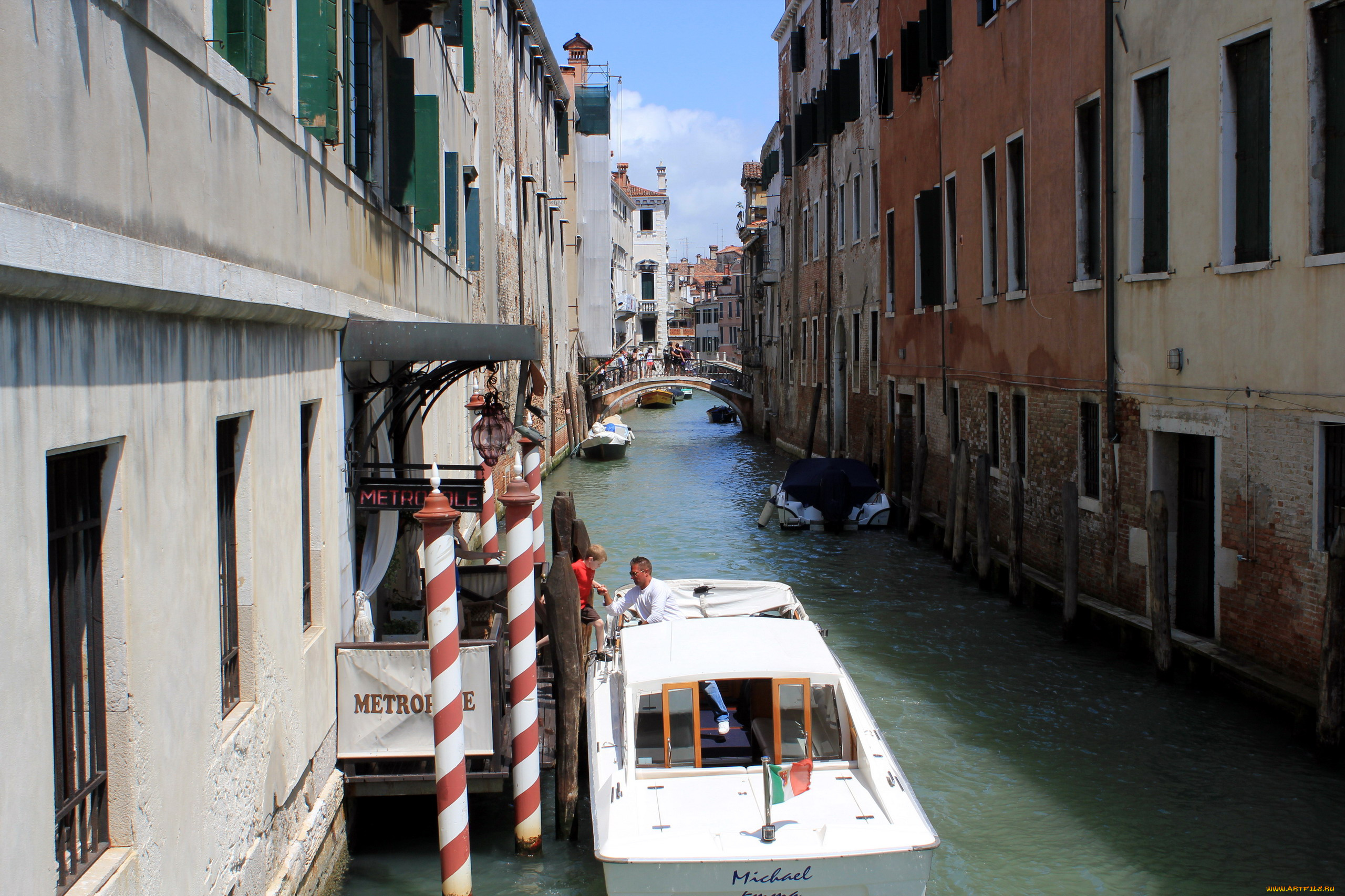 города, венеция, , италия, канал, узкий, мостик, лодка
