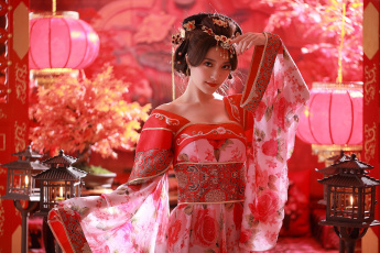 Картинка девушки -unsort+ азиатки этно китайский девушка азиатка костюм прическа украшения фонарики