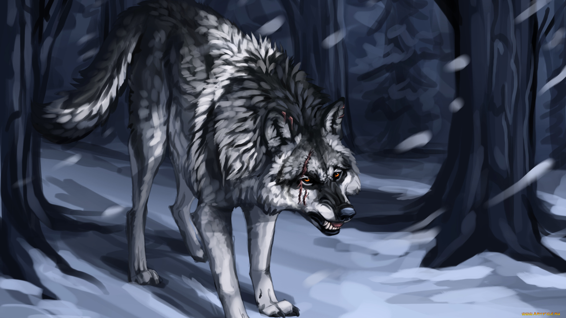 рисованное, животные, , волки, волк, снег, лес, кровь