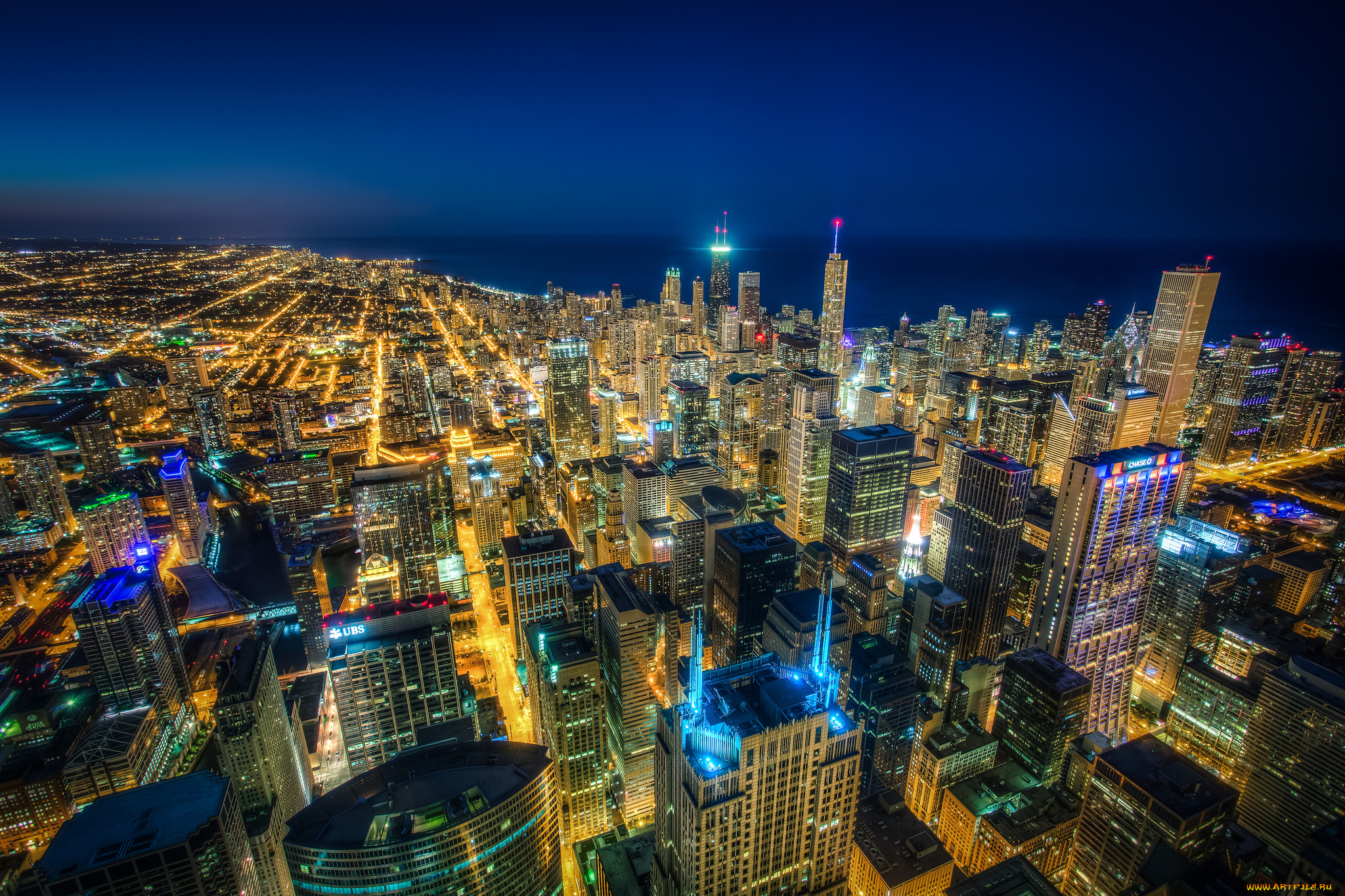 chicago, города, Чикаго, , сша, ночь, огни, небоскребы, панорама