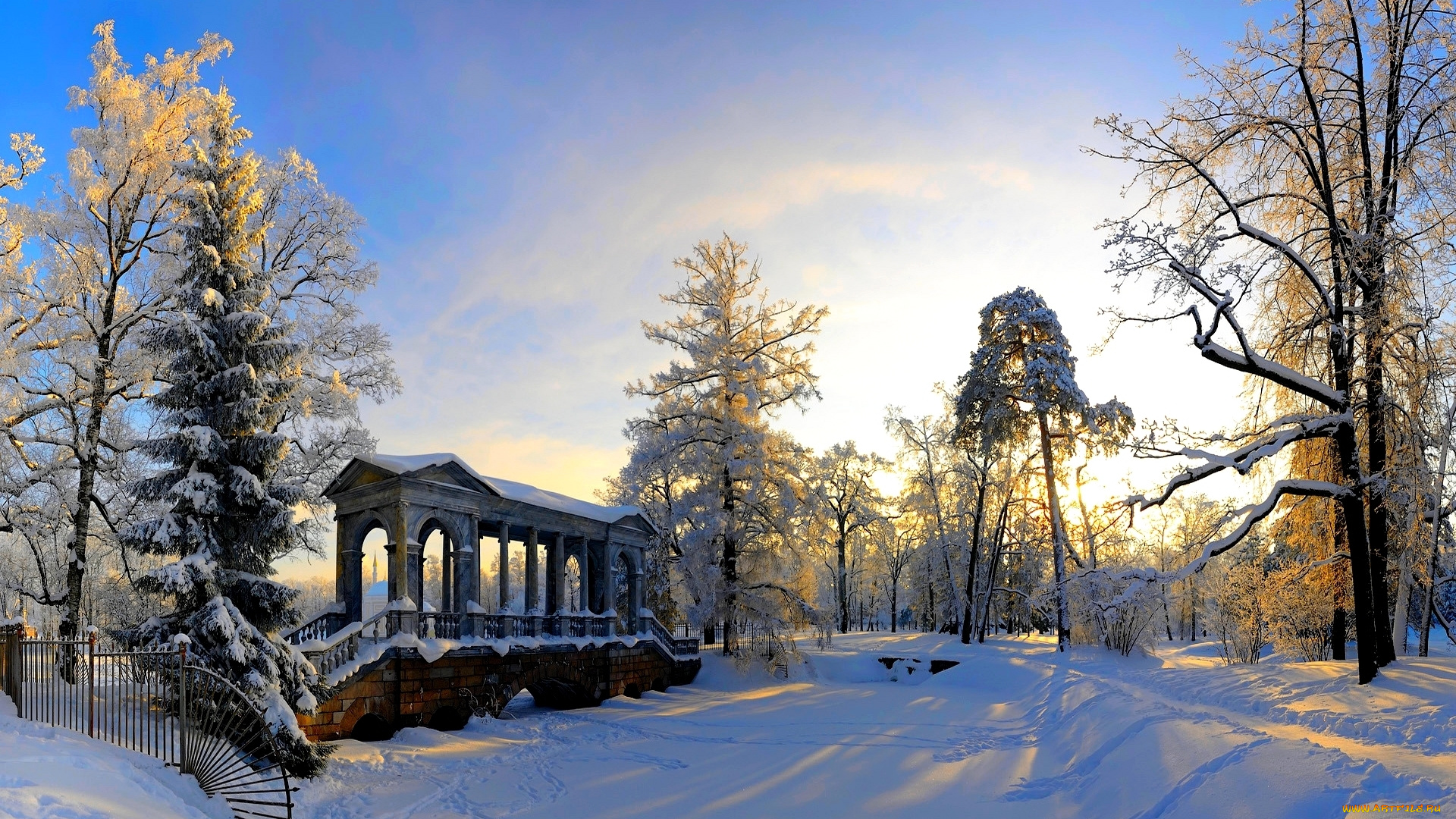 царское, село, природа, зима, парк, мост, деревья, снег
