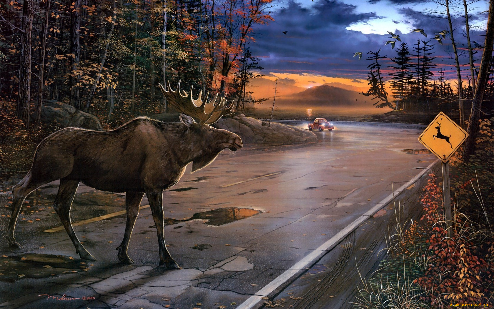 deer, crossing, рисованные, ervin, molnar, осень, дорога, лось, олень