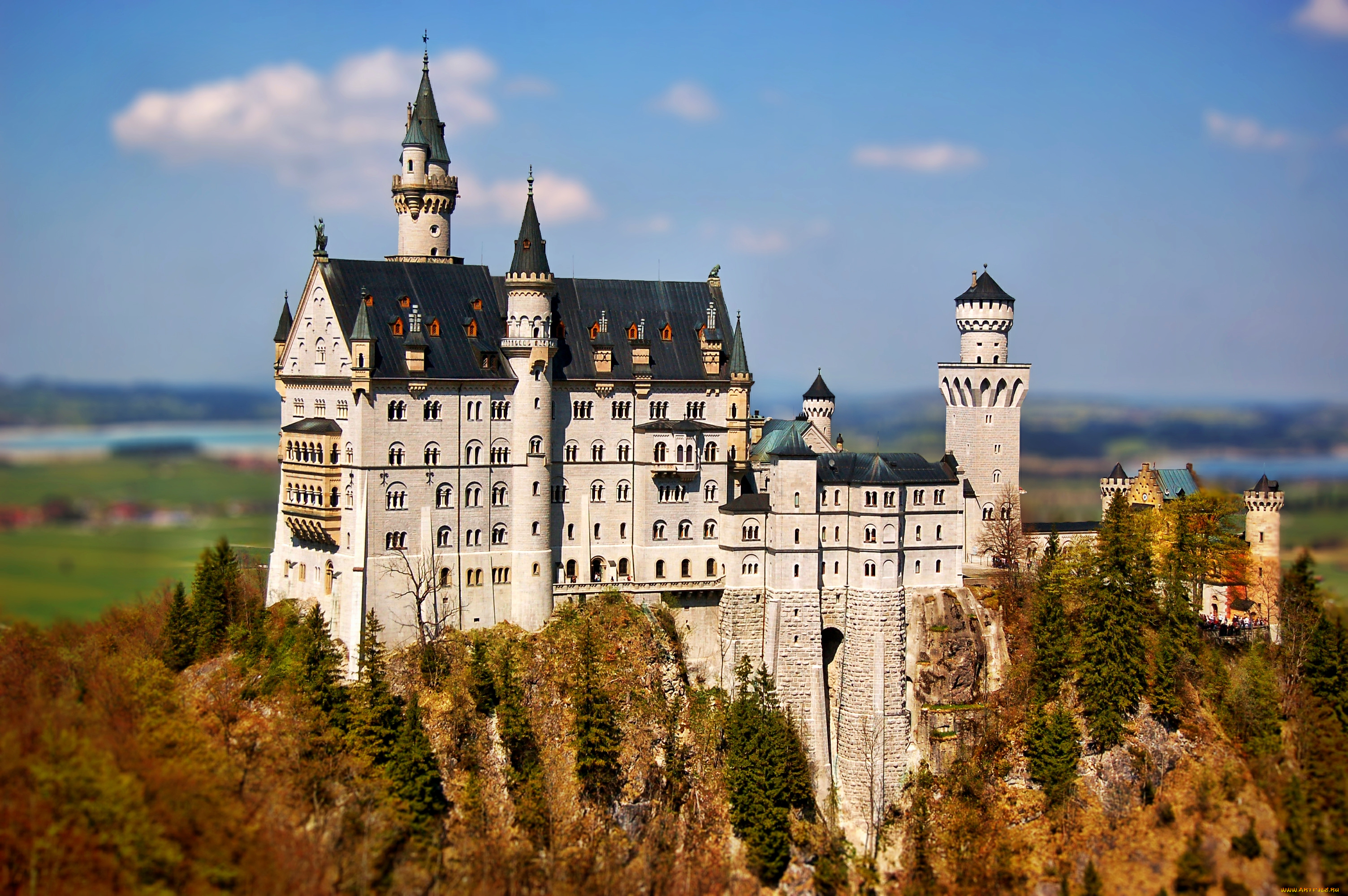 castle, neuschwanstein, города, замок, нойшванштайн, германия, лес, шпили, башни