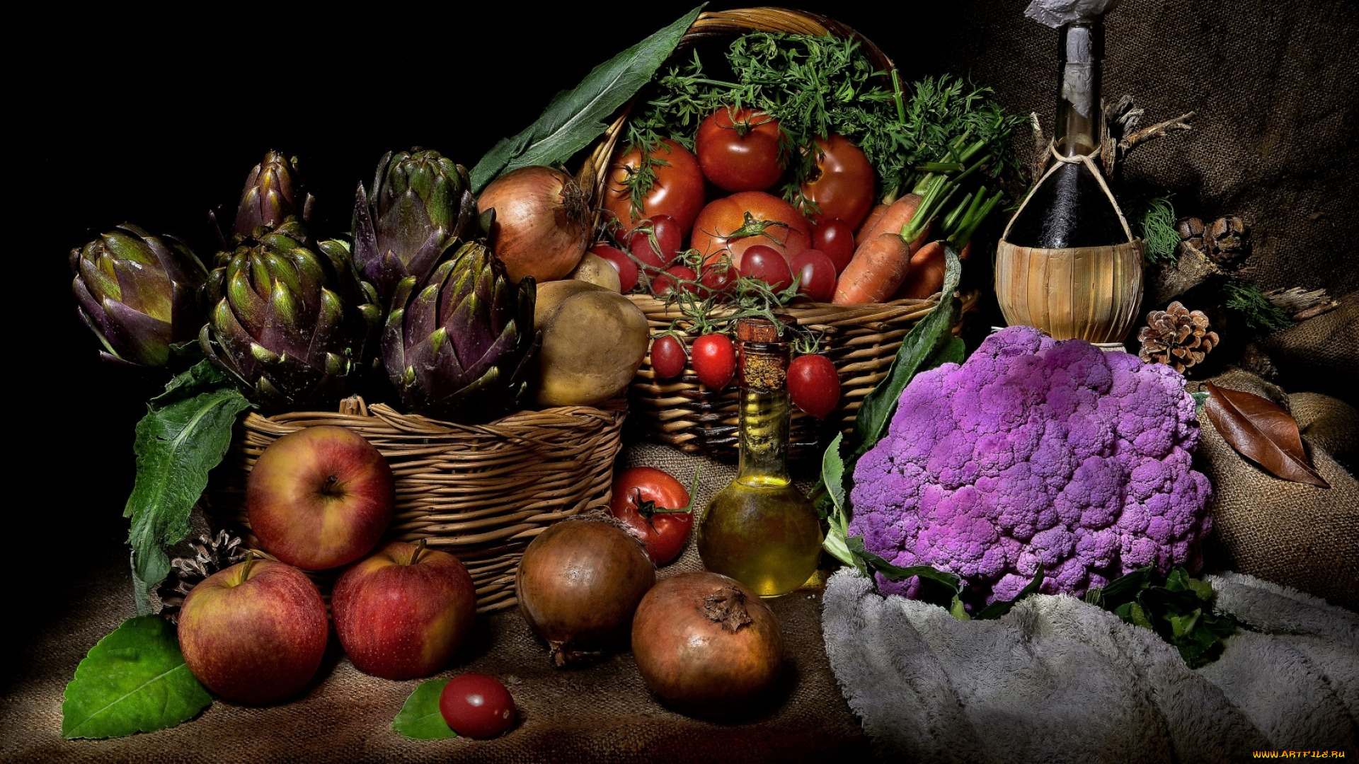 еда, фрукты, и, овощи, вместе, яблоки, помидоры, капуста, артишок, лук