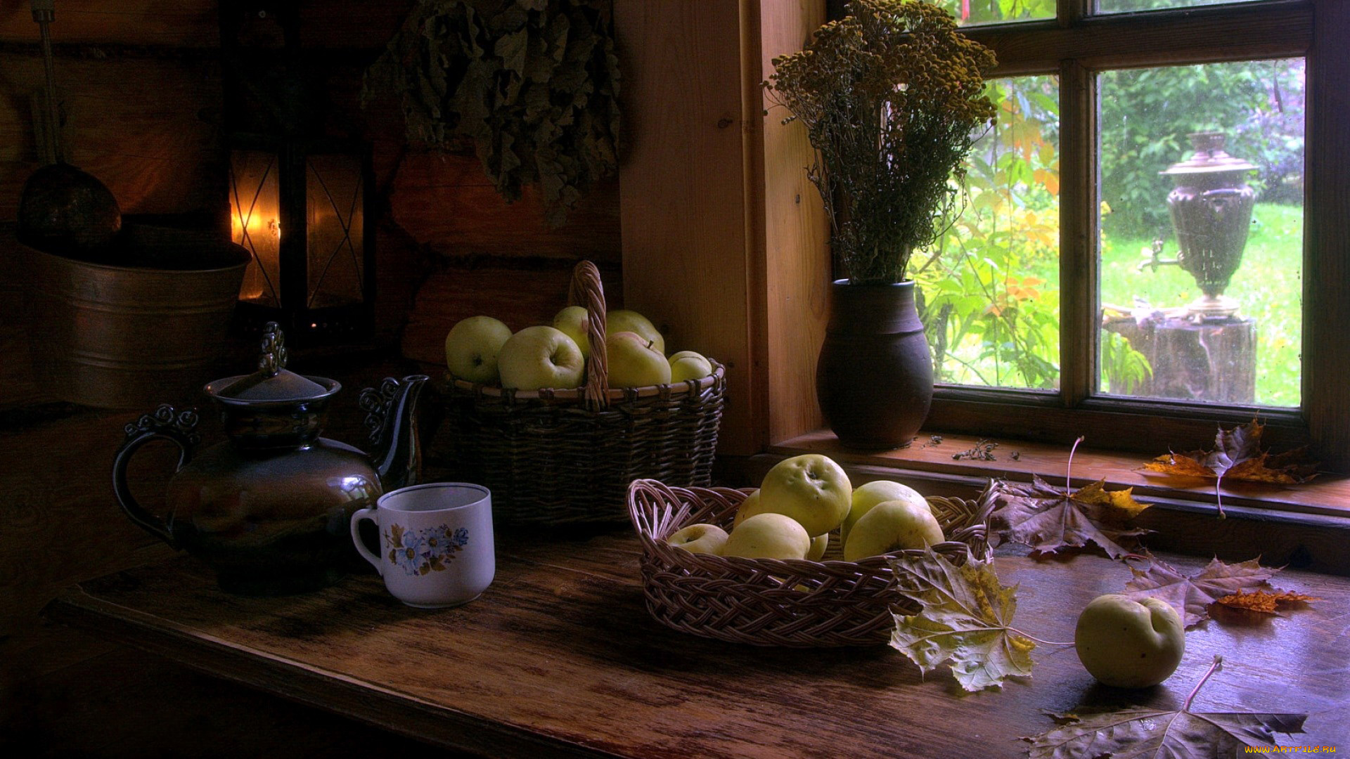 еда, яблоки, листья, фонарь, чайник