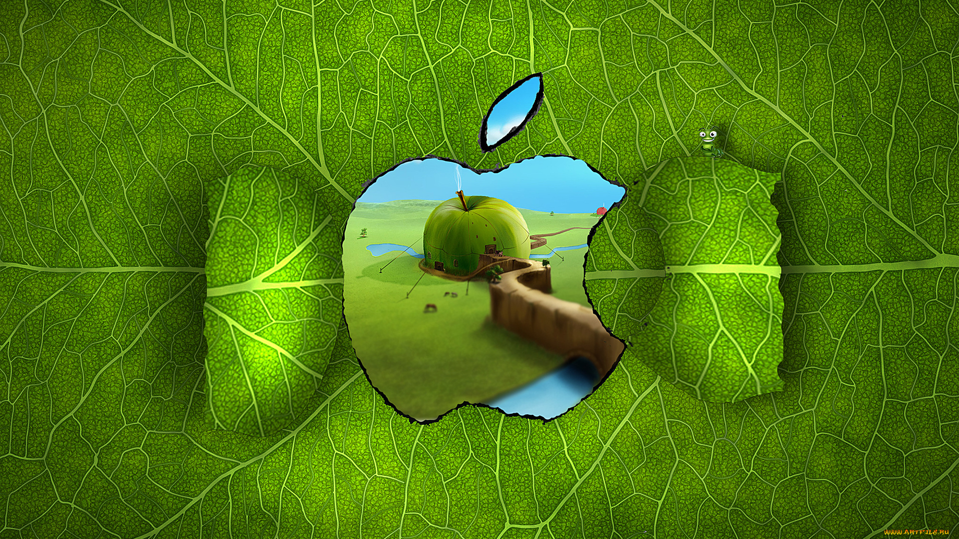 компьютеры, apple, дом, гусеница, яблоко, зелень, канаты, прожилки, окно, лист