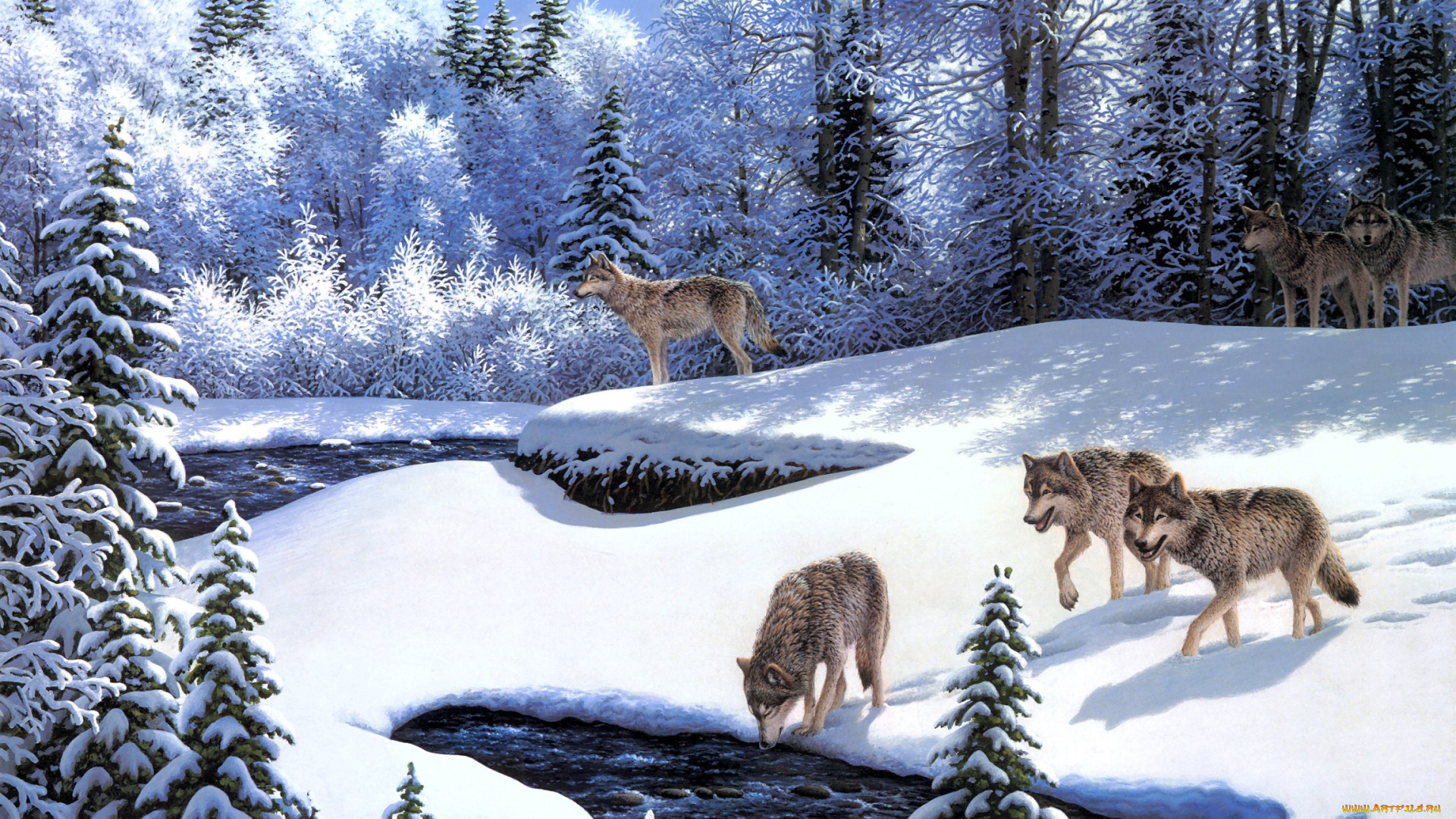 on, the, prowl, рисованные, robert, richert, волки, зима