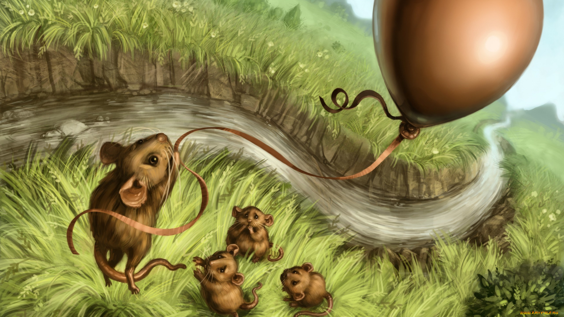 рисованное, животные, , мыши, , крысы, шар, трава, река, луг, мыши