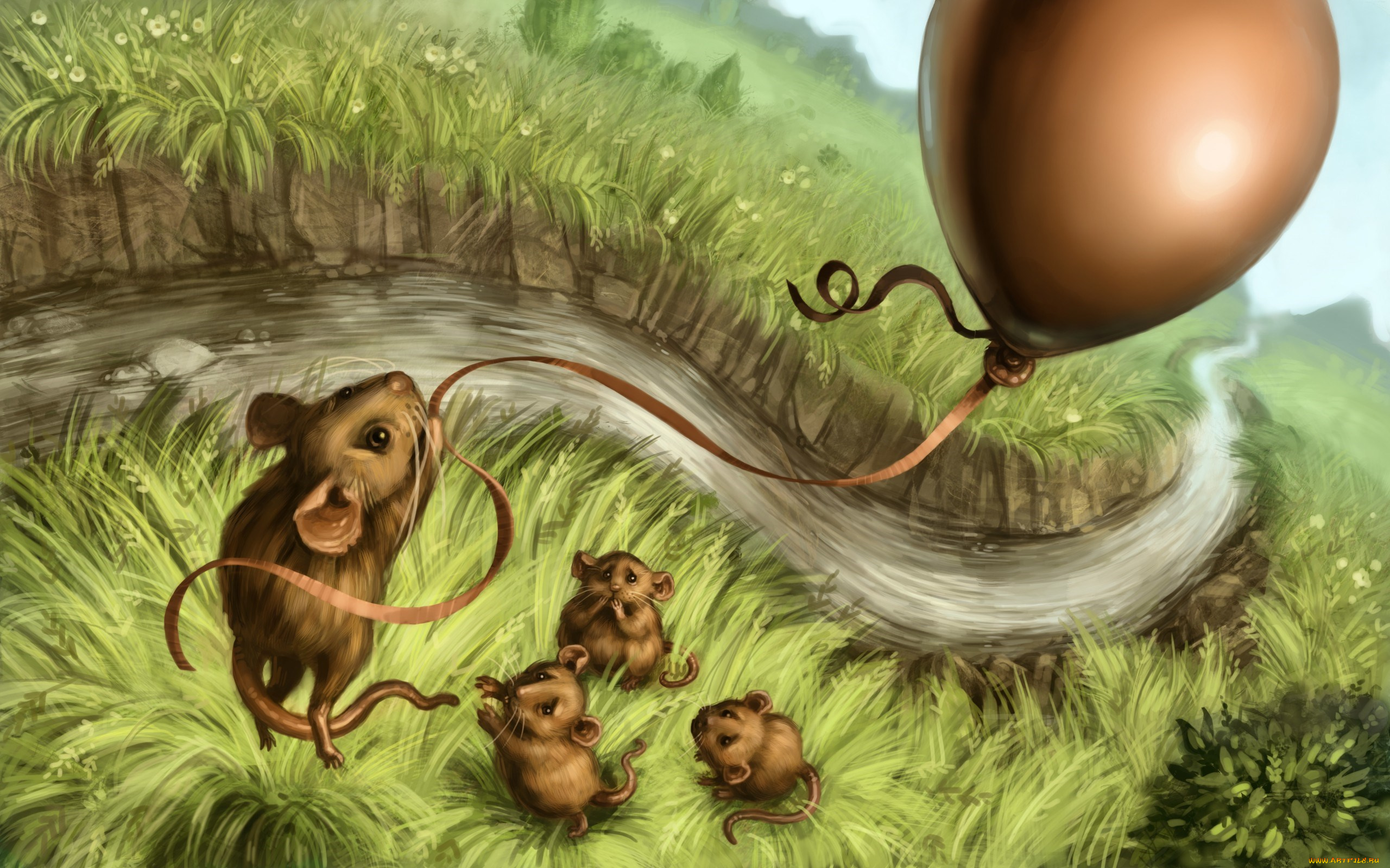 рисованное, животные, , мыши, , крысы, шар, трава, река, луг, мыши