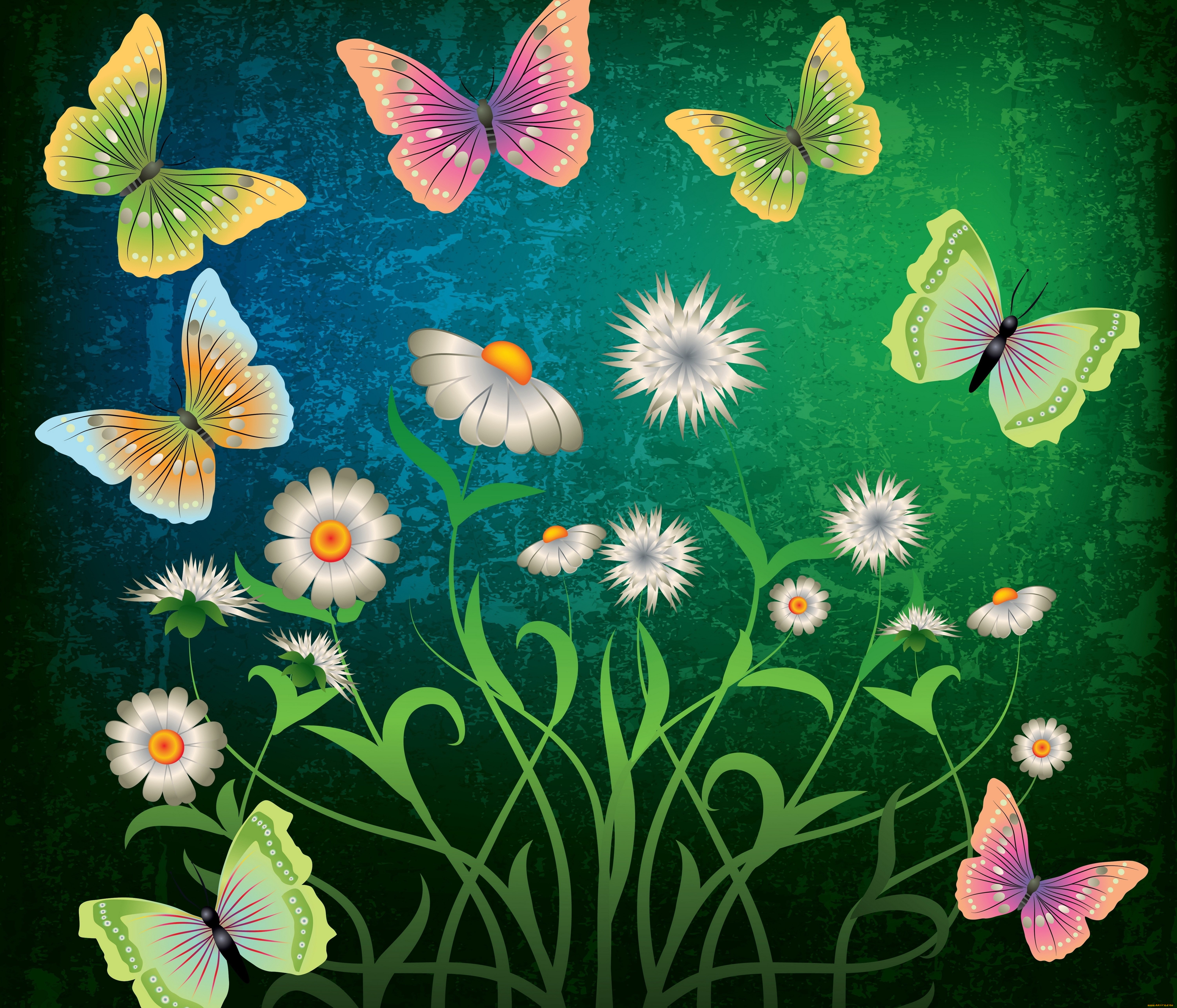 векторная, графика, животные, flowers, butterflies, grunge, abstract, цветы, бабочки, green, design