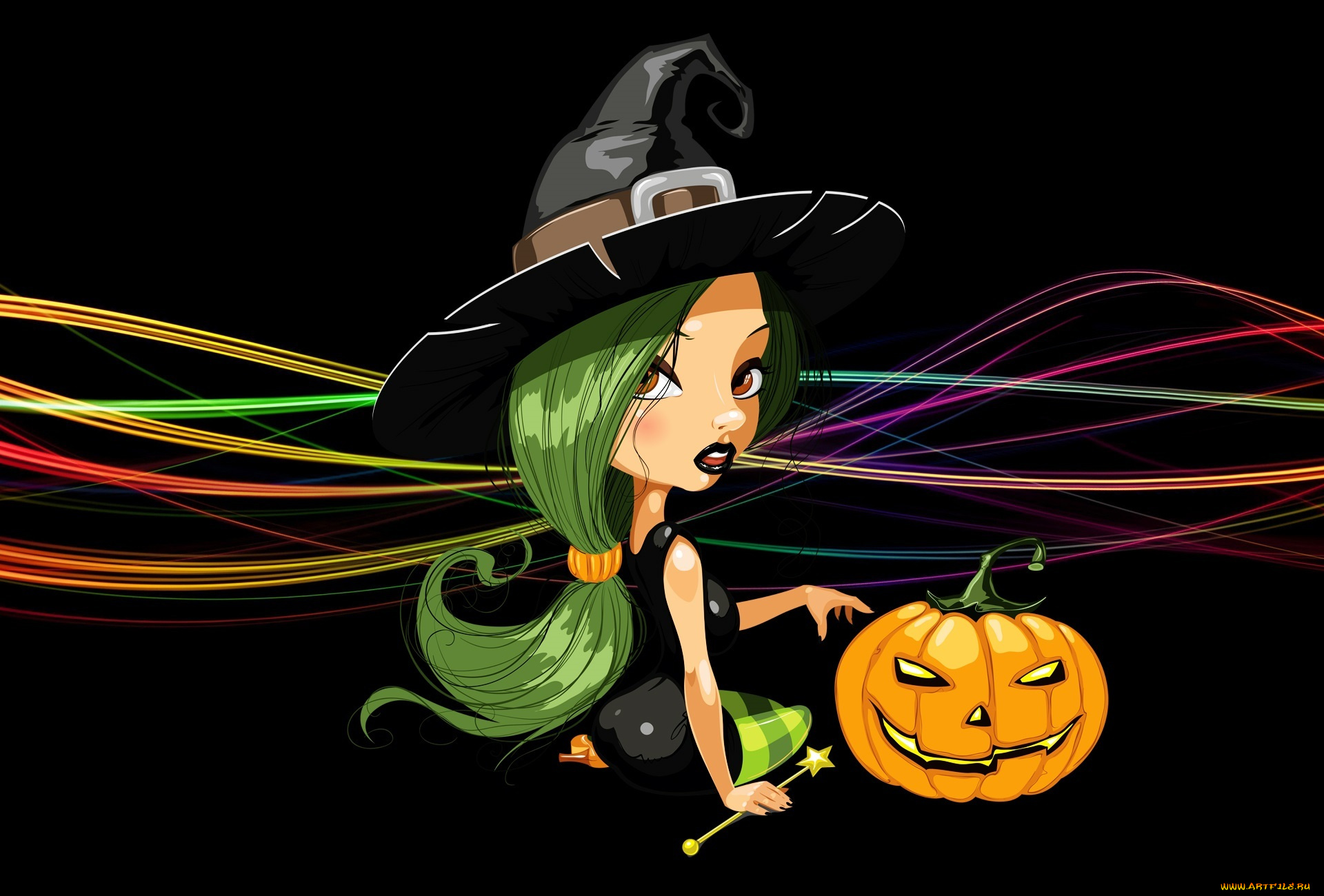 праздничные, хэллоуин, зеленые, волосы, сидит, шляпа, ведьма, черный, фон, светильник, джека, тыква, линии