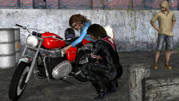 Картинка 3д+графика люди+ people девушка мотоцикл мотоциклист фон взгляд