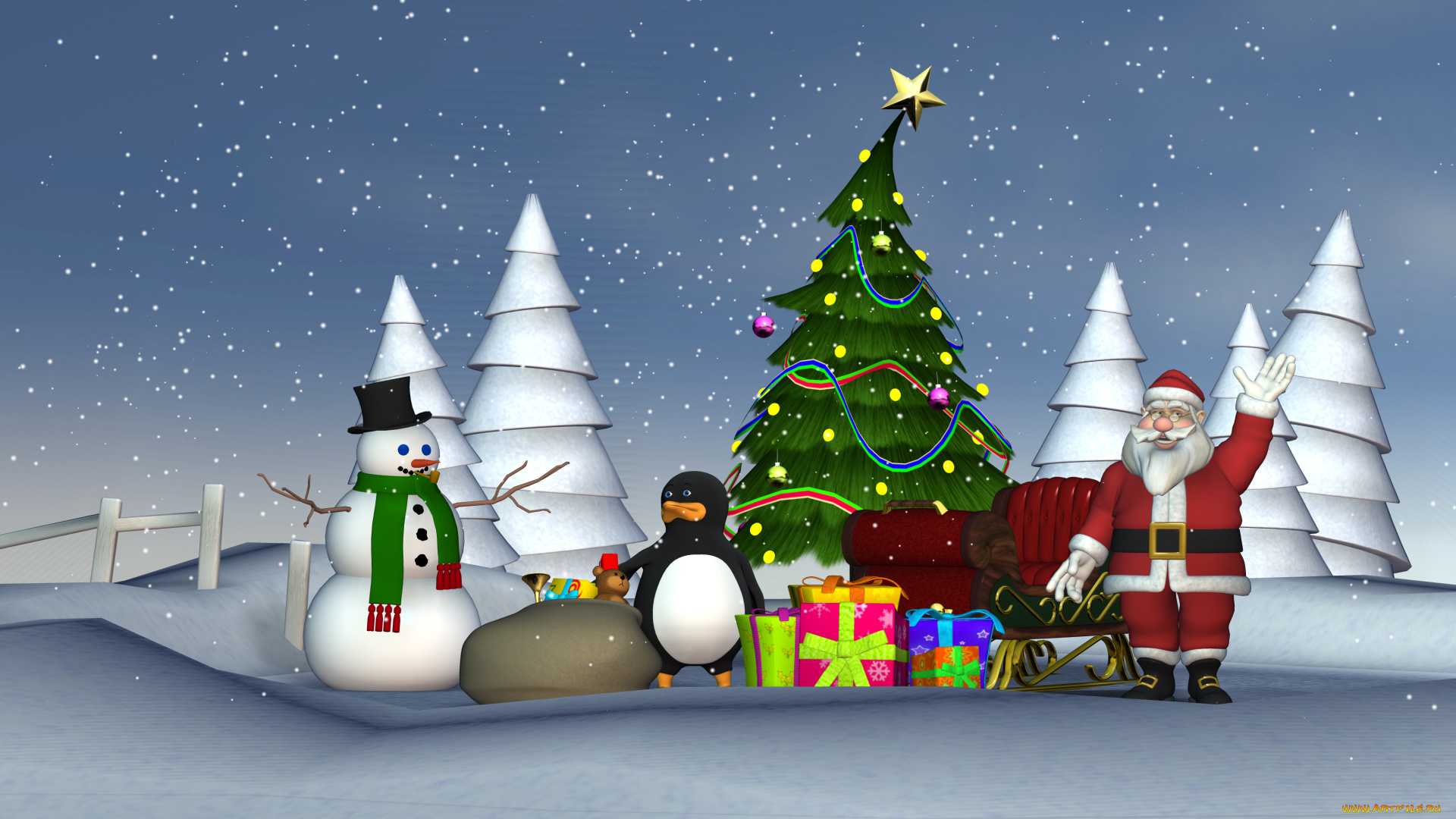 3д, графика, праздники, , holidays, снеговик, подарки, елка