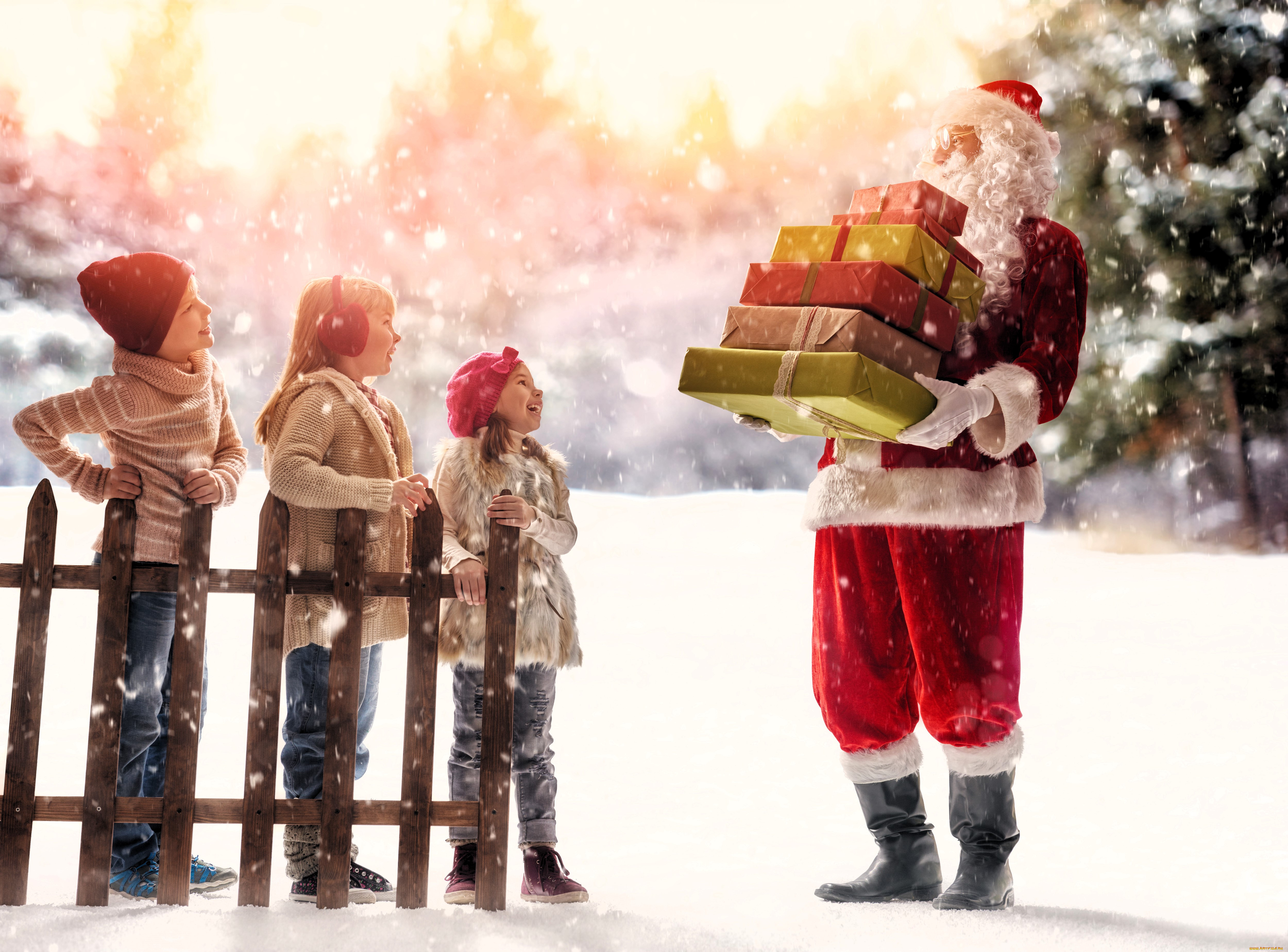 праздничные, дед, мороз, , санта, клаус, санта, клаус, подарки, дети, забор, снег