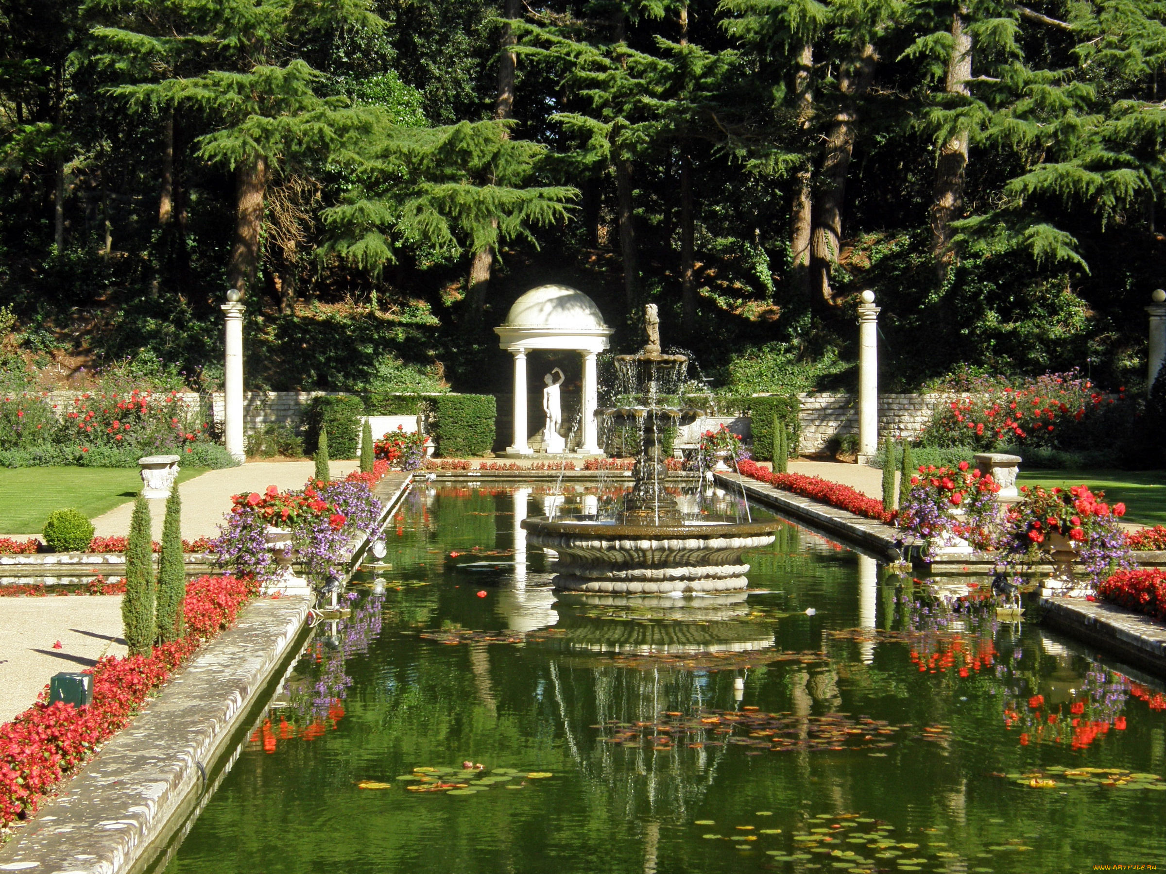 природа, парк, фонтан, водоем, статуя, цветы