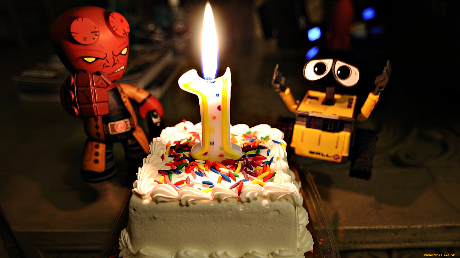 праздничные, день, рождения, 1, свеча, огонь, торт, игрушки, лего, робот