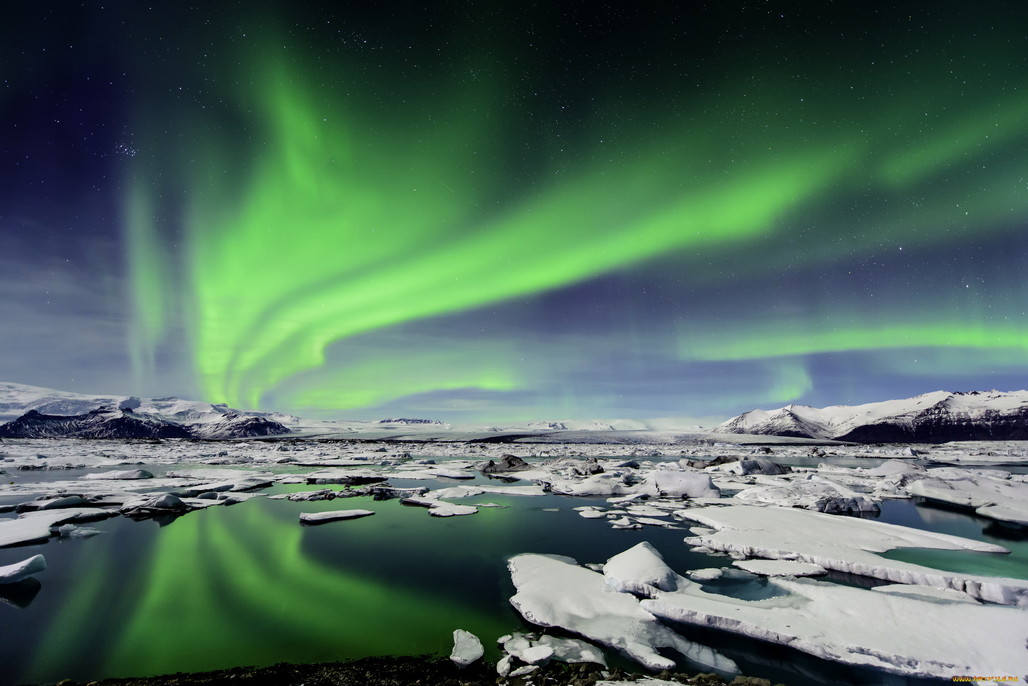 iceland, природа, северное, сияние, горы, исландия, льдины