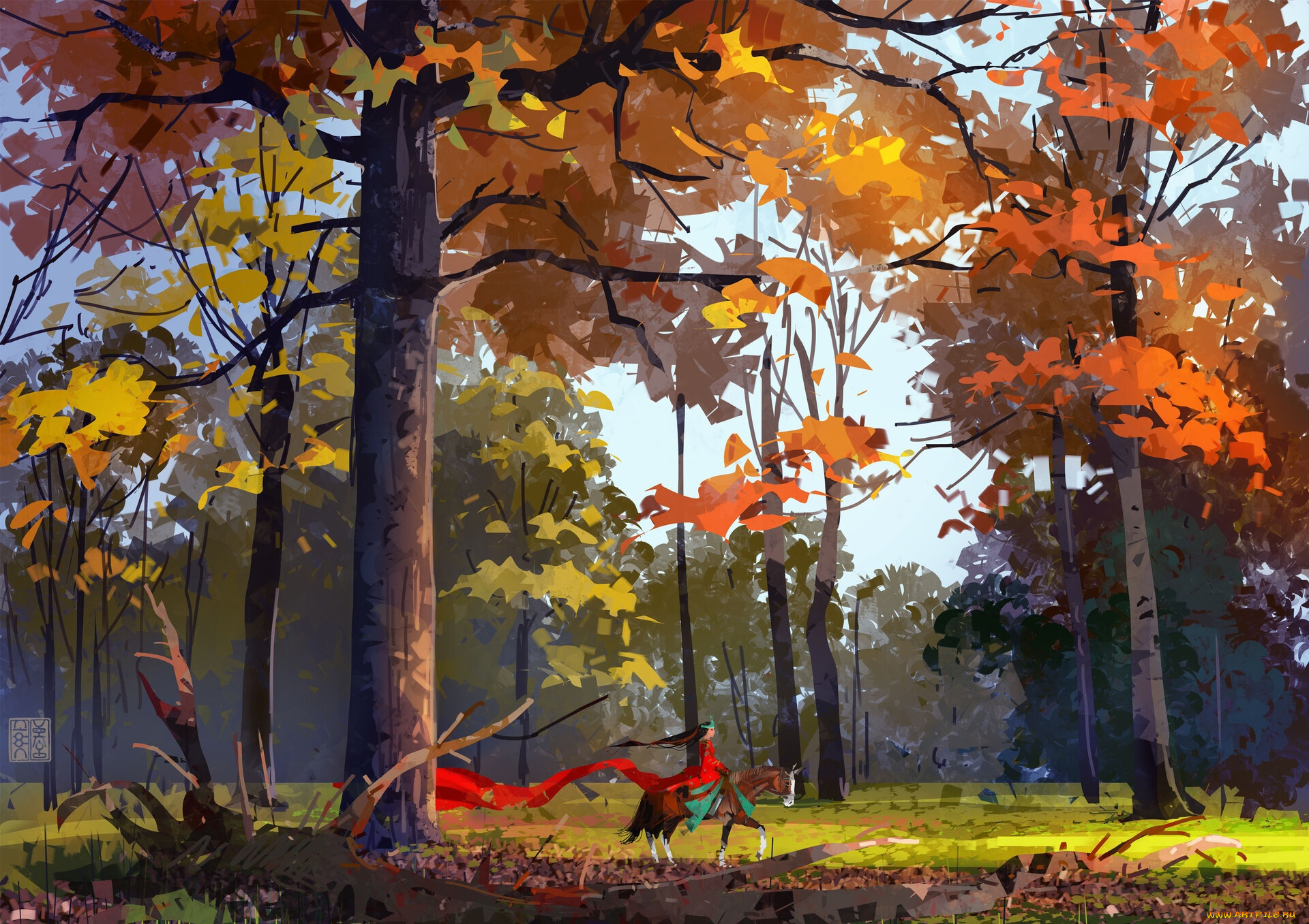 рисованное, люди, лес, осень, всадница