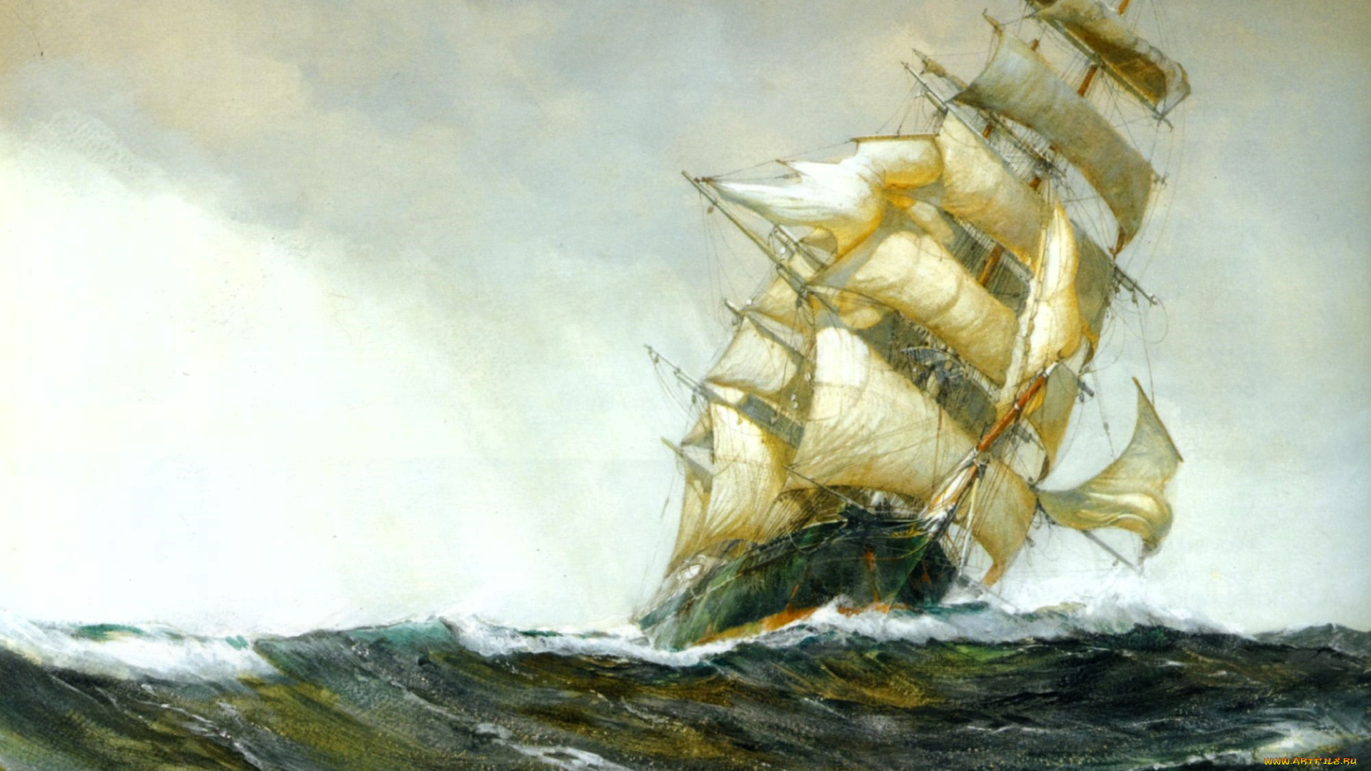 рисованное, montague, dawson, корабль, парусник, море