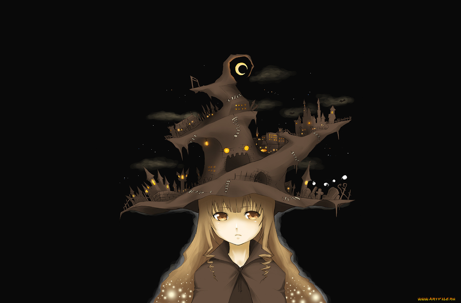 аниме, halloween, magic, ночь, город, шляпа, девочка, ведьма