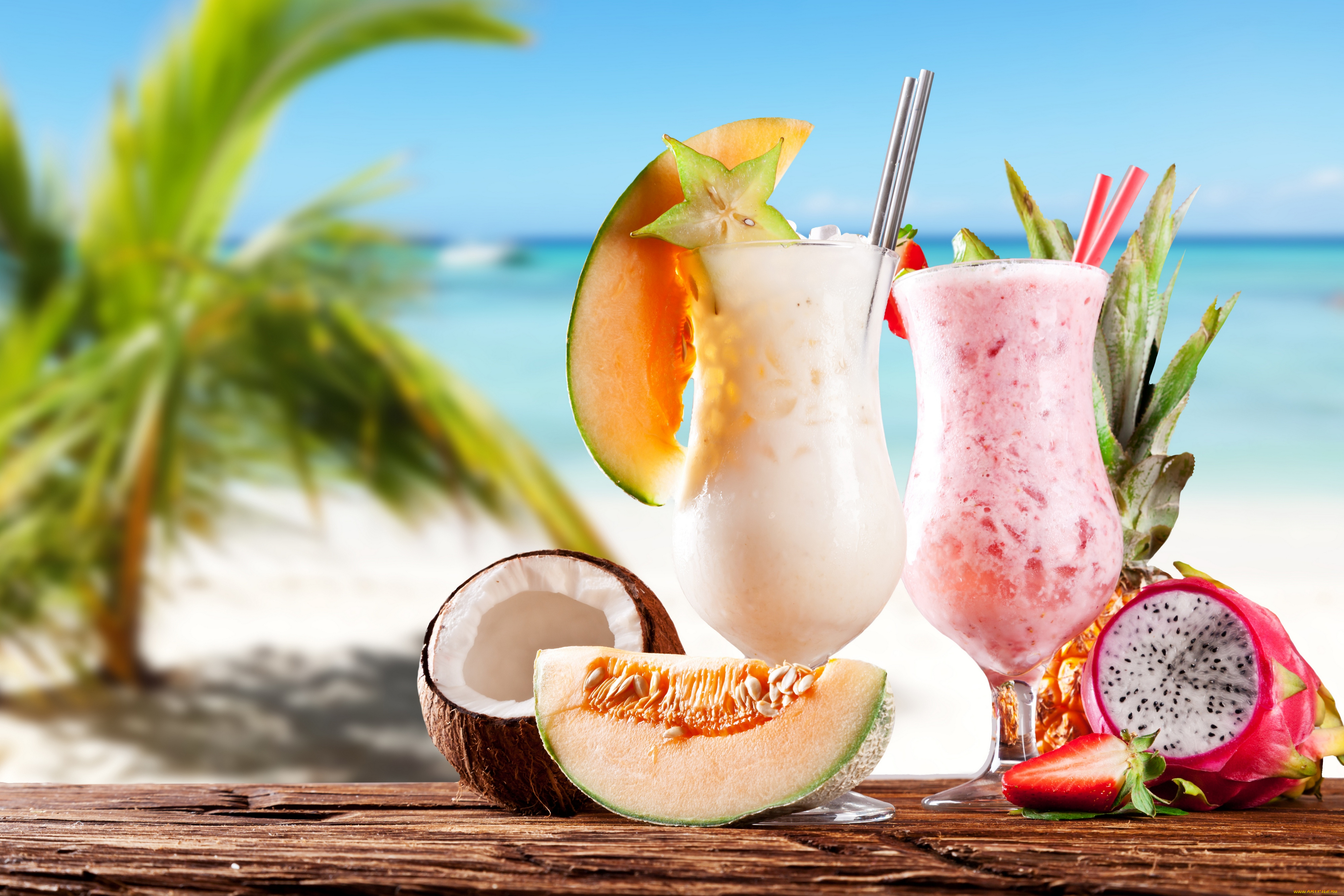 еда, напитки, , коктейль, пляж, море, молочные, коктейли, кокос, дыня, клубника, ананас