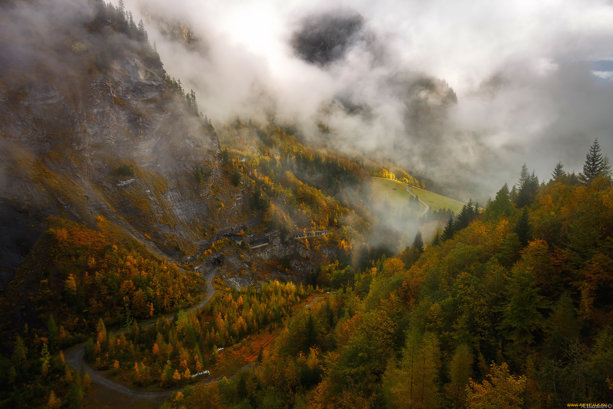 природа, горы, базанов, андрей, швейцария, облака, дорога, лес, туман