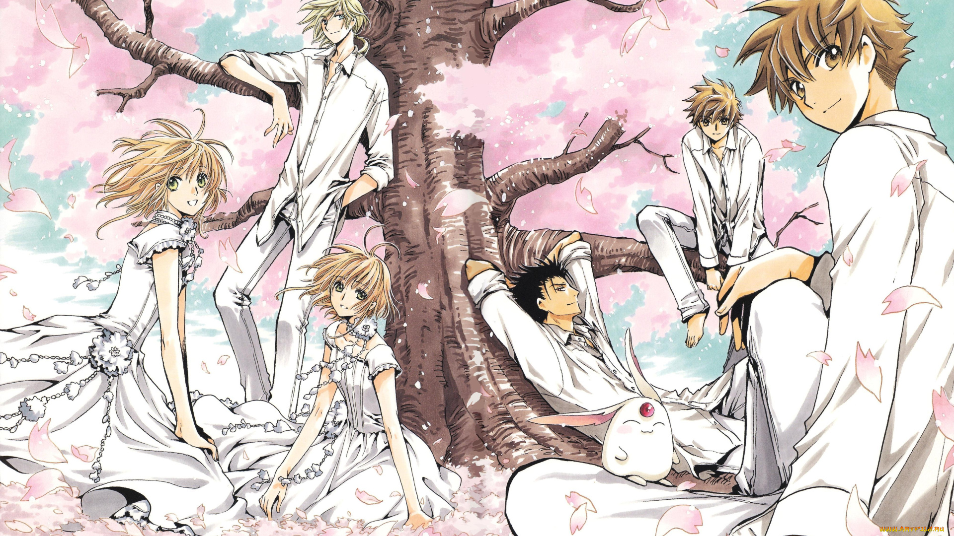 аниме, tsubasa, reservoir, chronicles, существо, девушки, сакура, дерево, парни, цветение