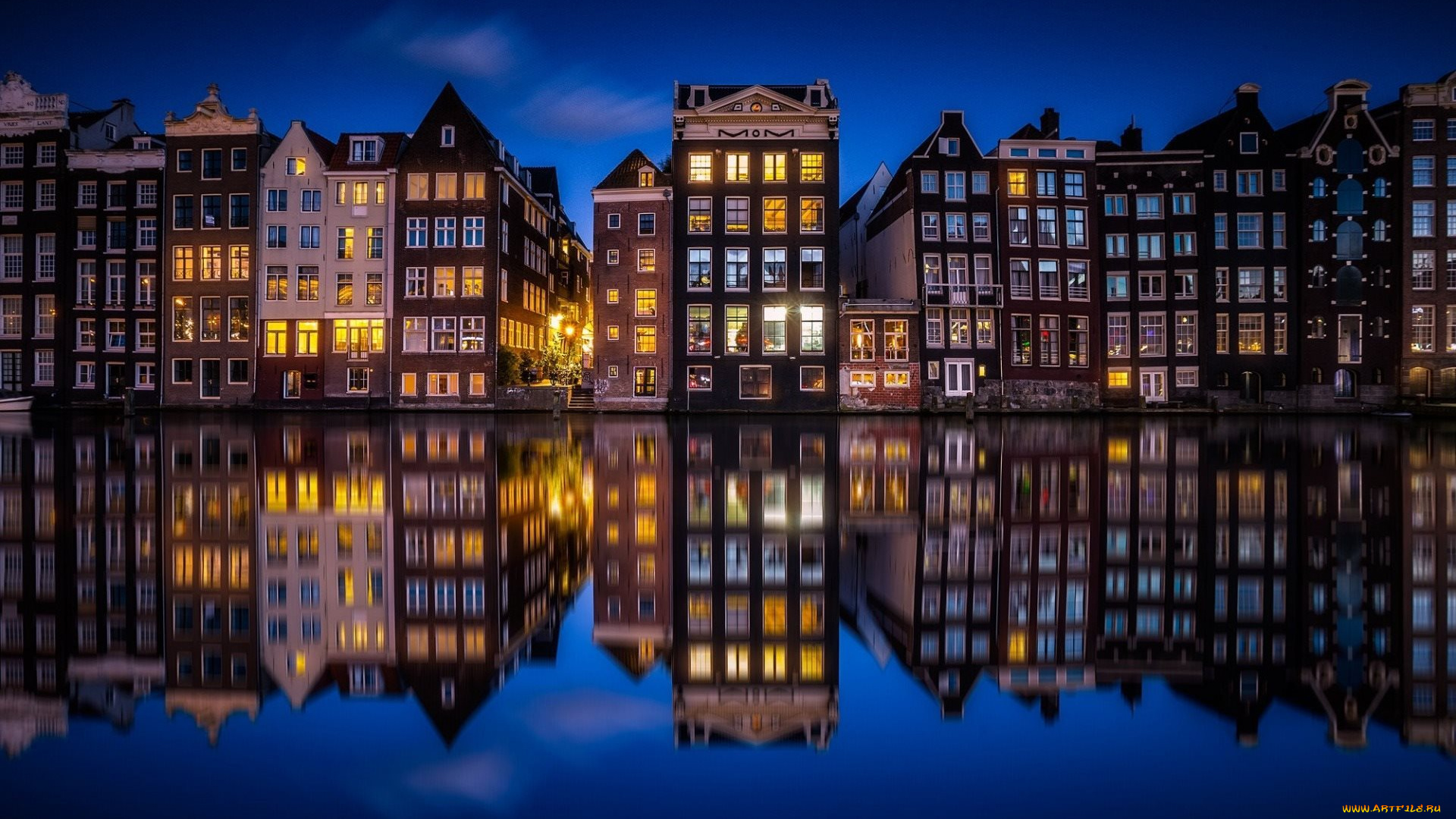 города, амстердам, , нидерланды, вечер, канал, огни