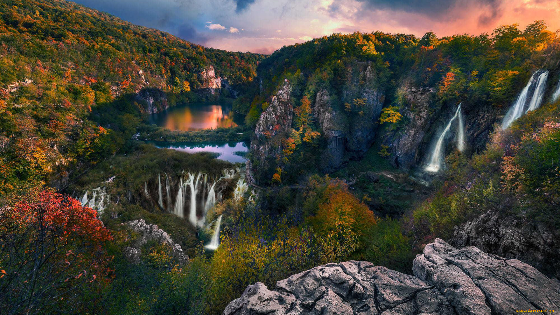 природа, водопады, вечер, водопад, озеро